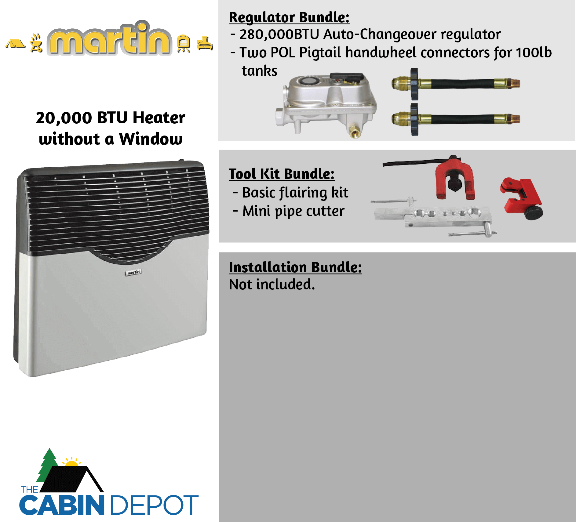 Martin 20,000 BTU Propane Heater without Window - Regulator and Tool Kit Bundles Available | The Cabin Depot