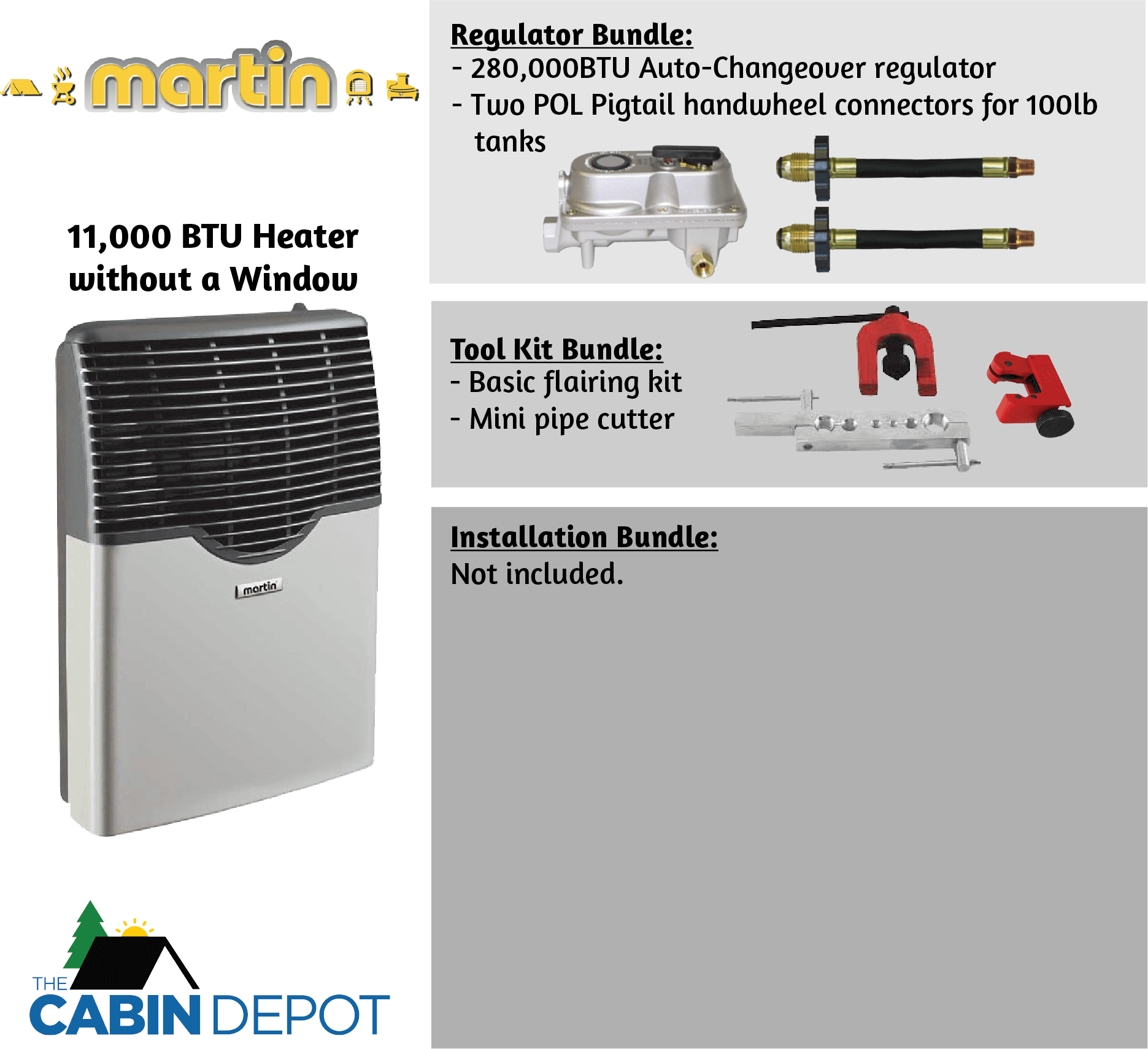 Martin 11,000 BTU Direct Vent Heater with Regulator and Tool Kit Bundle from Cabin Depot