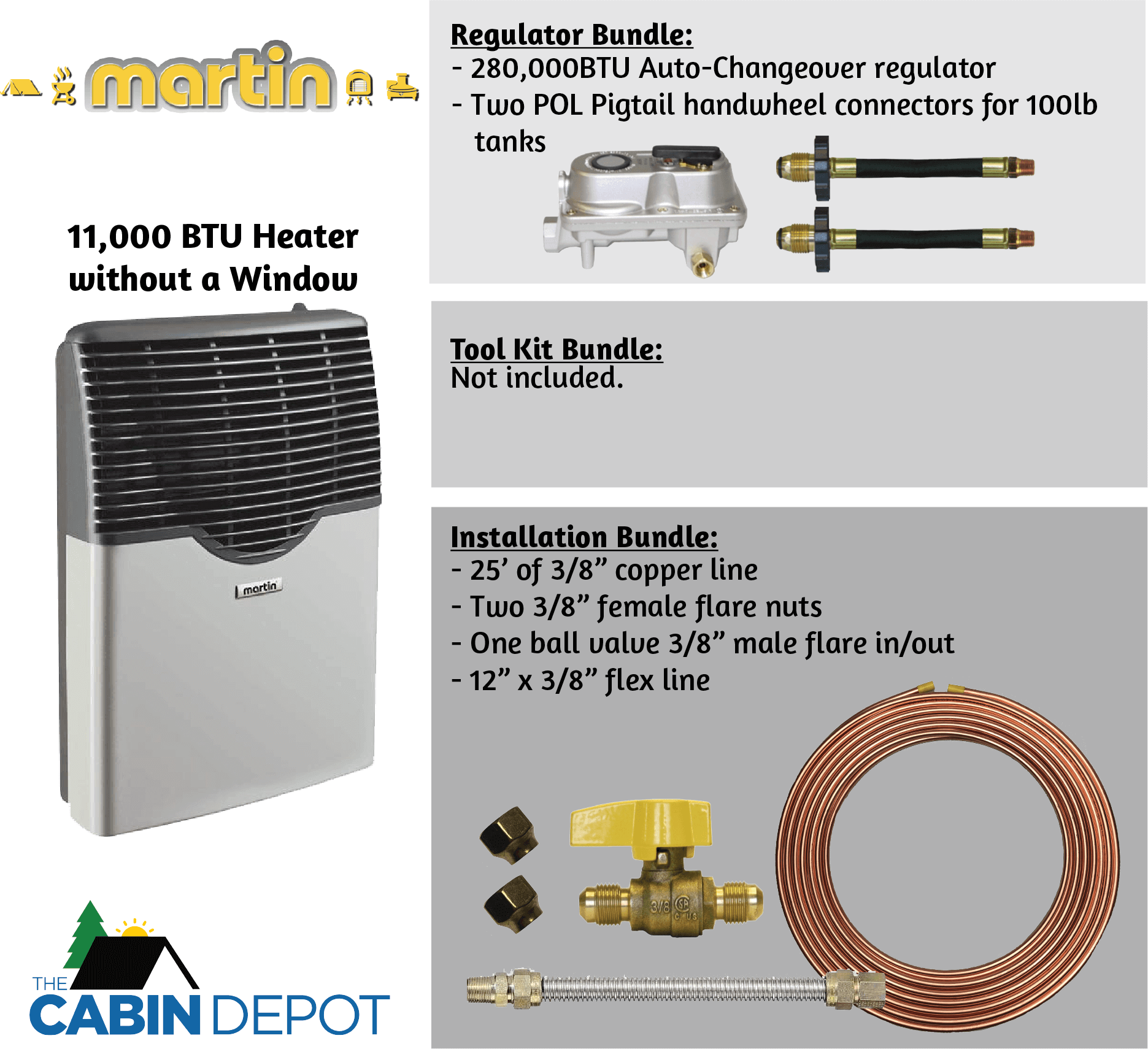Martin 11,000 BTU propane heater with installation and regulator bundles, available at Cabin Depot. Ideal for off-grid use.