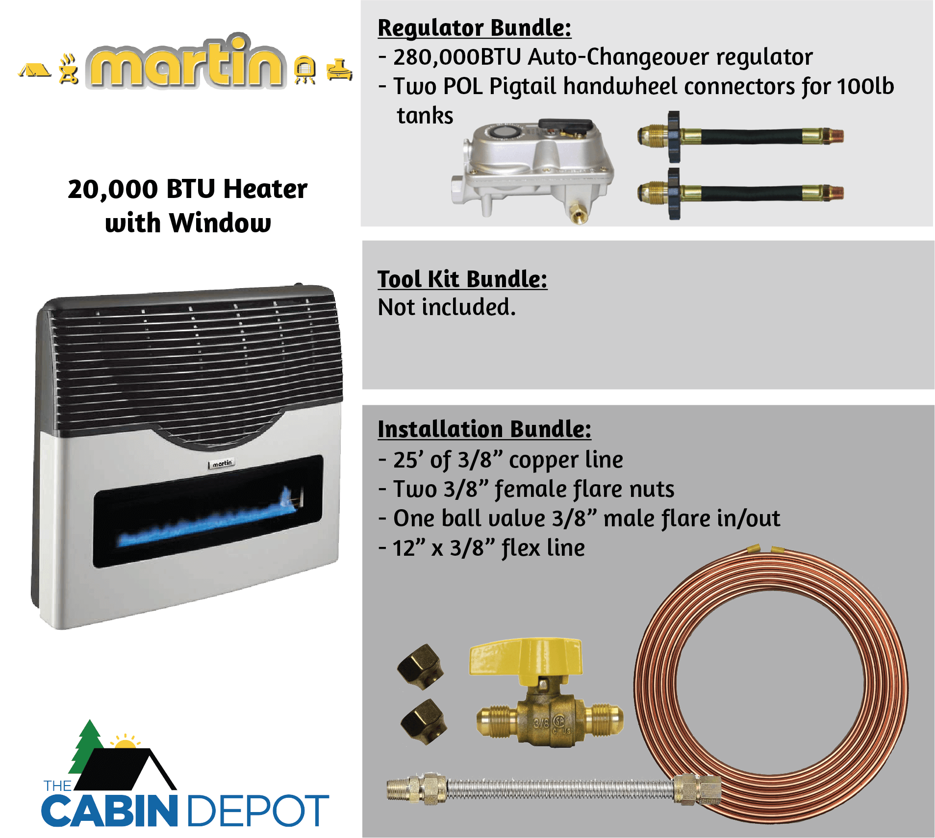 Martin 20,000 BTU Direct Vent Propane Heater with installation and regulator bundle from Cabin Depot.