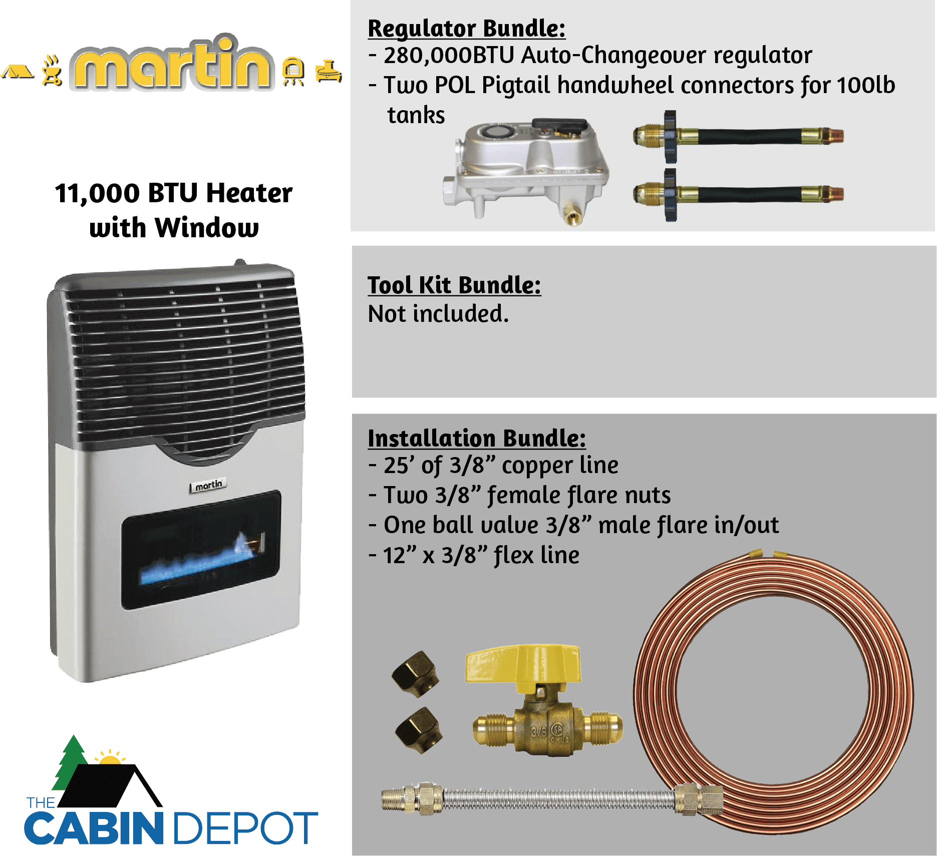 Martin 11,000 BTU Direct Vent Propane Heater with installation and regulator bundles, available at Cabin Depot.