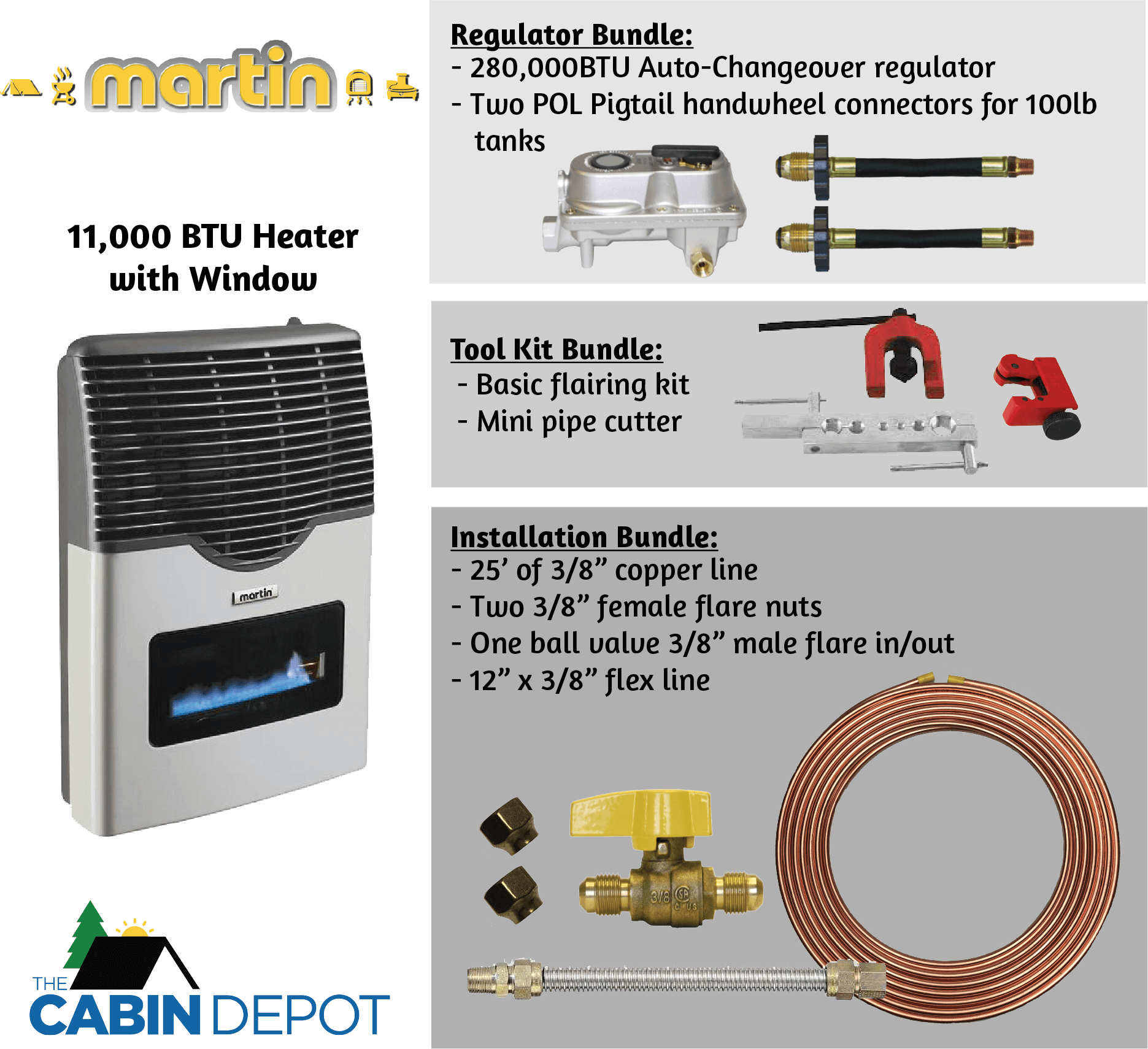 Martin 11,000 BTU Direct Vent Propane Heater with installation and tool kits - Cabin Depot