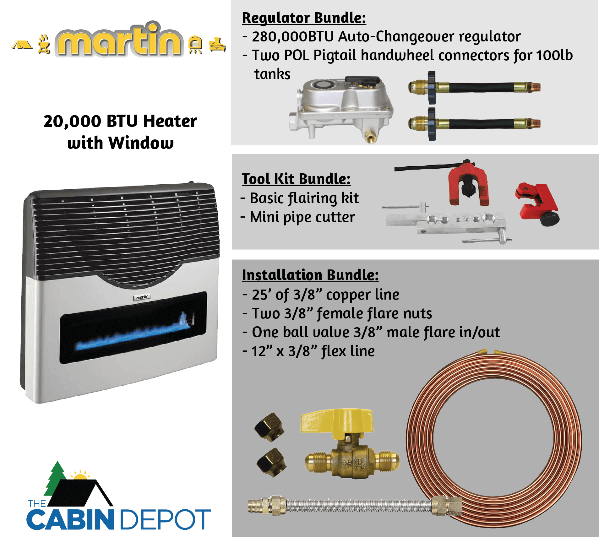 Martin 20,000 BTU Direct Vent Propane Heater with accessories from The Cabin Depot