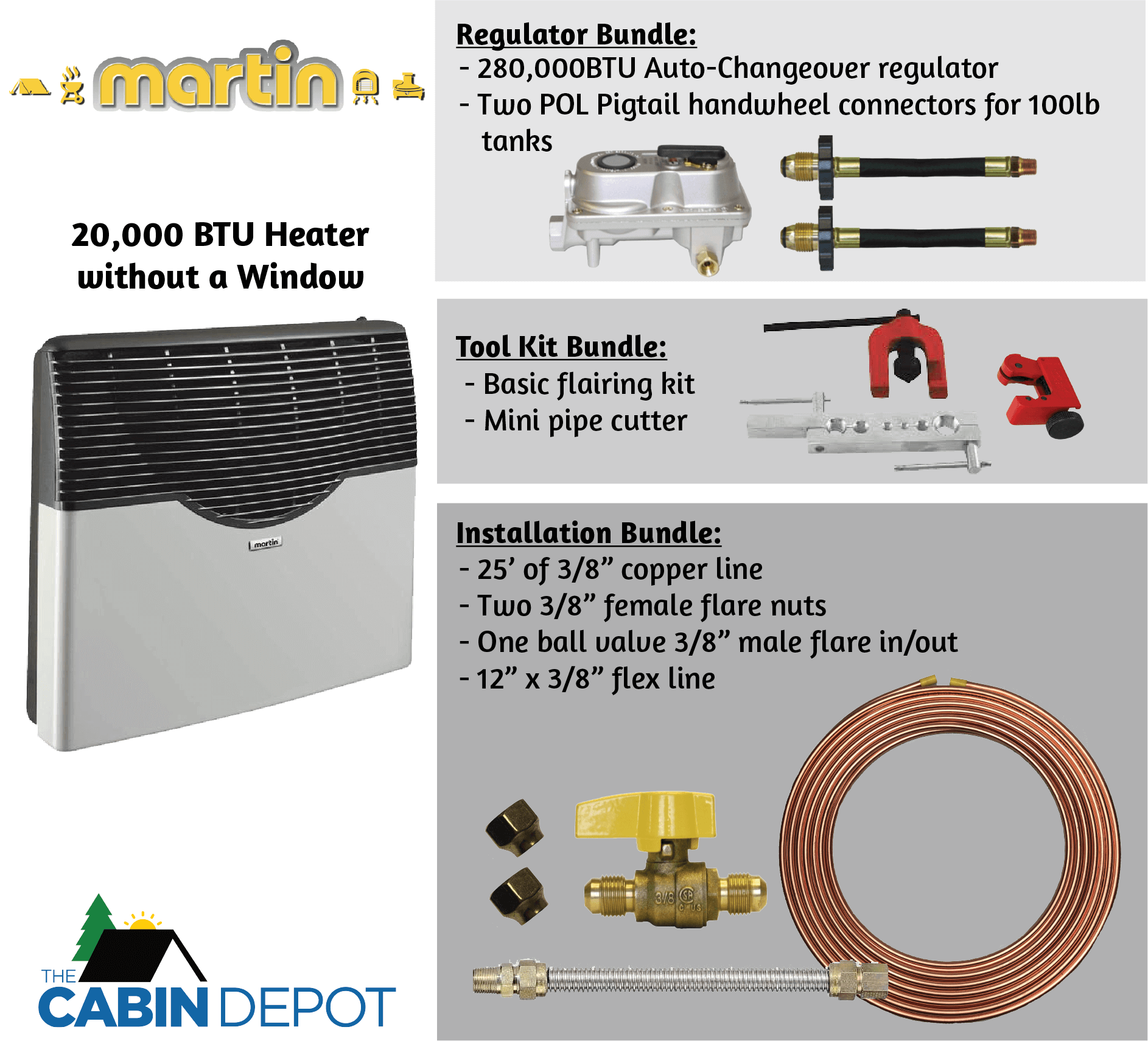 Martin 20,000 BTU Direct Vent Propane Heater bundles at Cabin Depot, featuring regulator, tool, and installation kits.