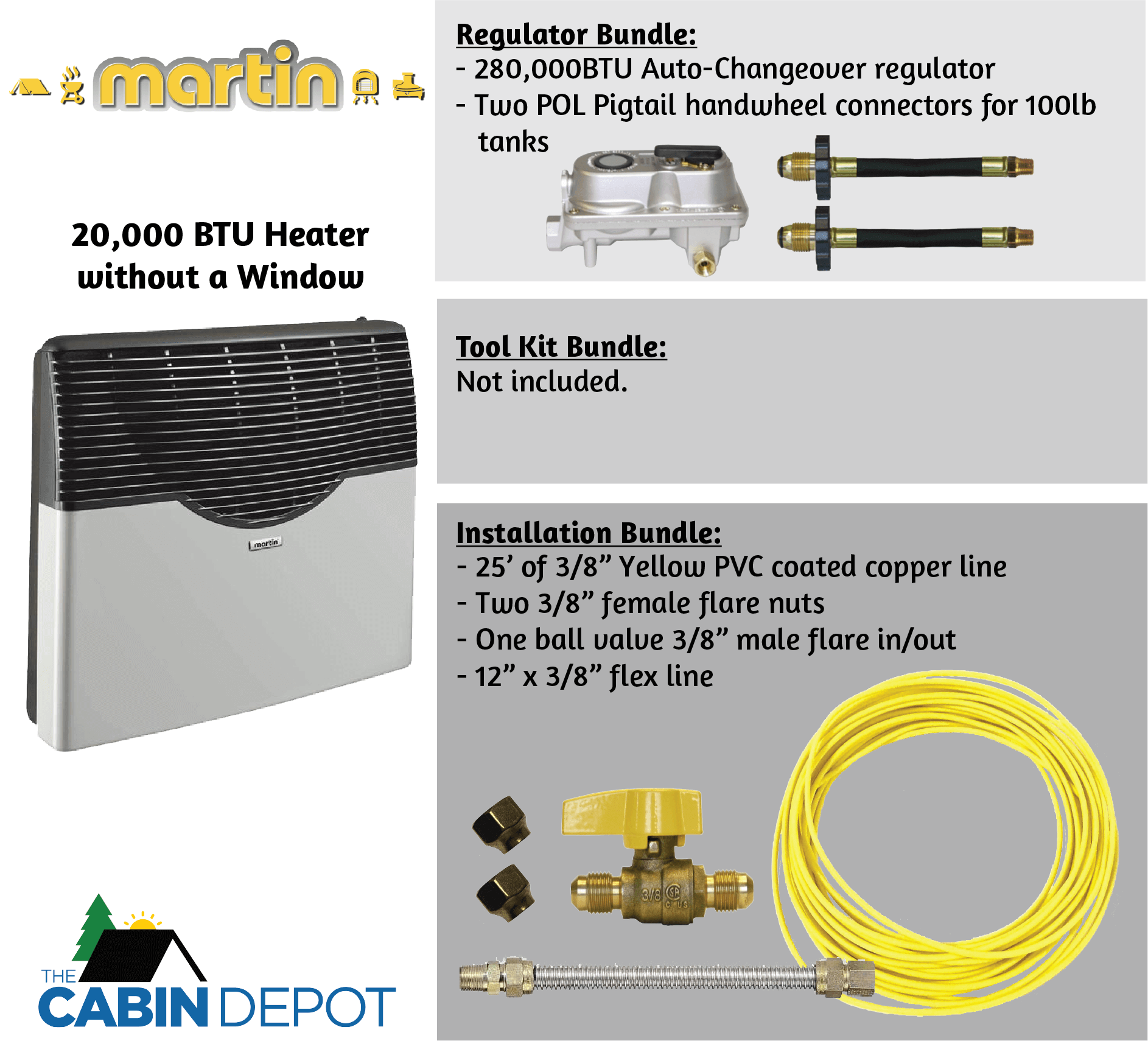 Martin 20,000 BTU Direct Vent Propane Heater package with regulator, installation bundle, available at The Cabin Depot.