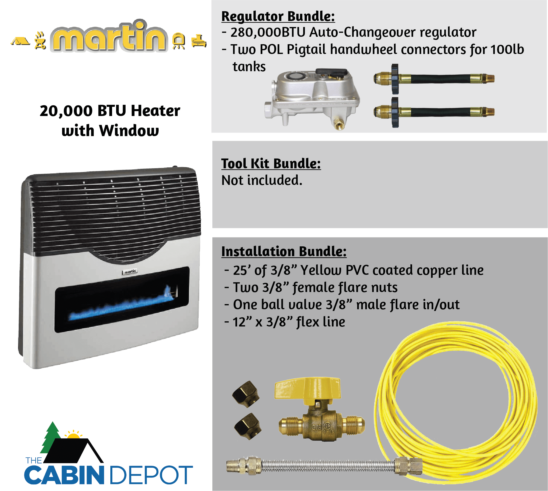Martin 20,000 BTU Direct Vent Propane Heater with installation and regulator bundles, available at Cabin Depot.