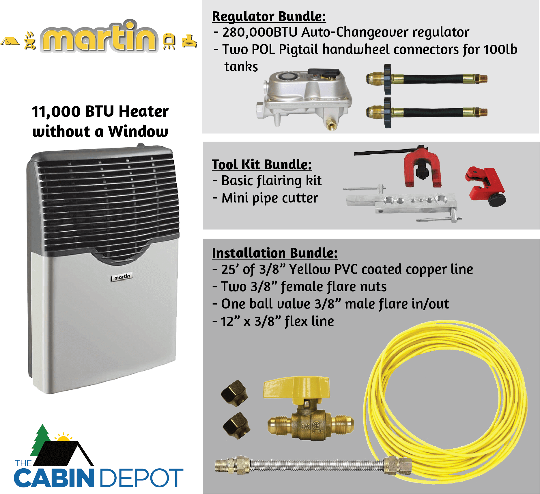 Martin 11,000 BTU Direct Vent Propane Heater, Cabin Depot - Includes regulator, tool, and installation bundles for efficient heating.