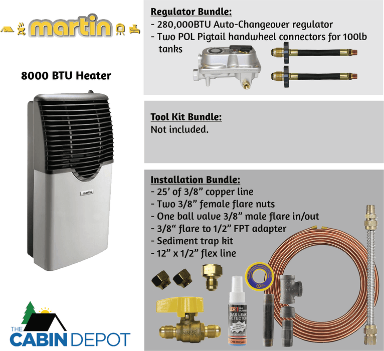 Martin 8000 BTU Direct Vent Propane Heater MDV8P with regulator and installation bundles. Available at The Cabin Depot.