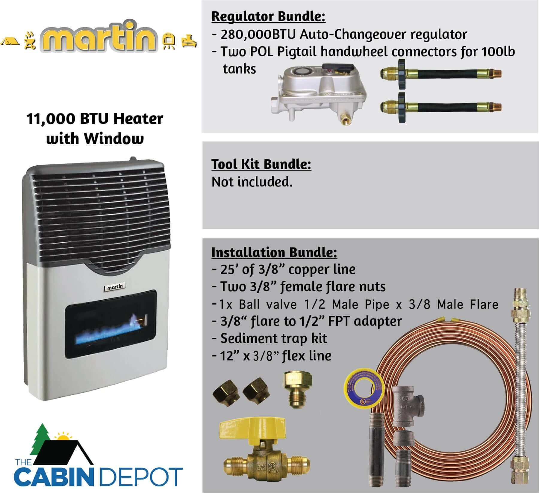 Martin 11,000 BTU direct vent propane heater with window and installation kit available at Cabin Depot.