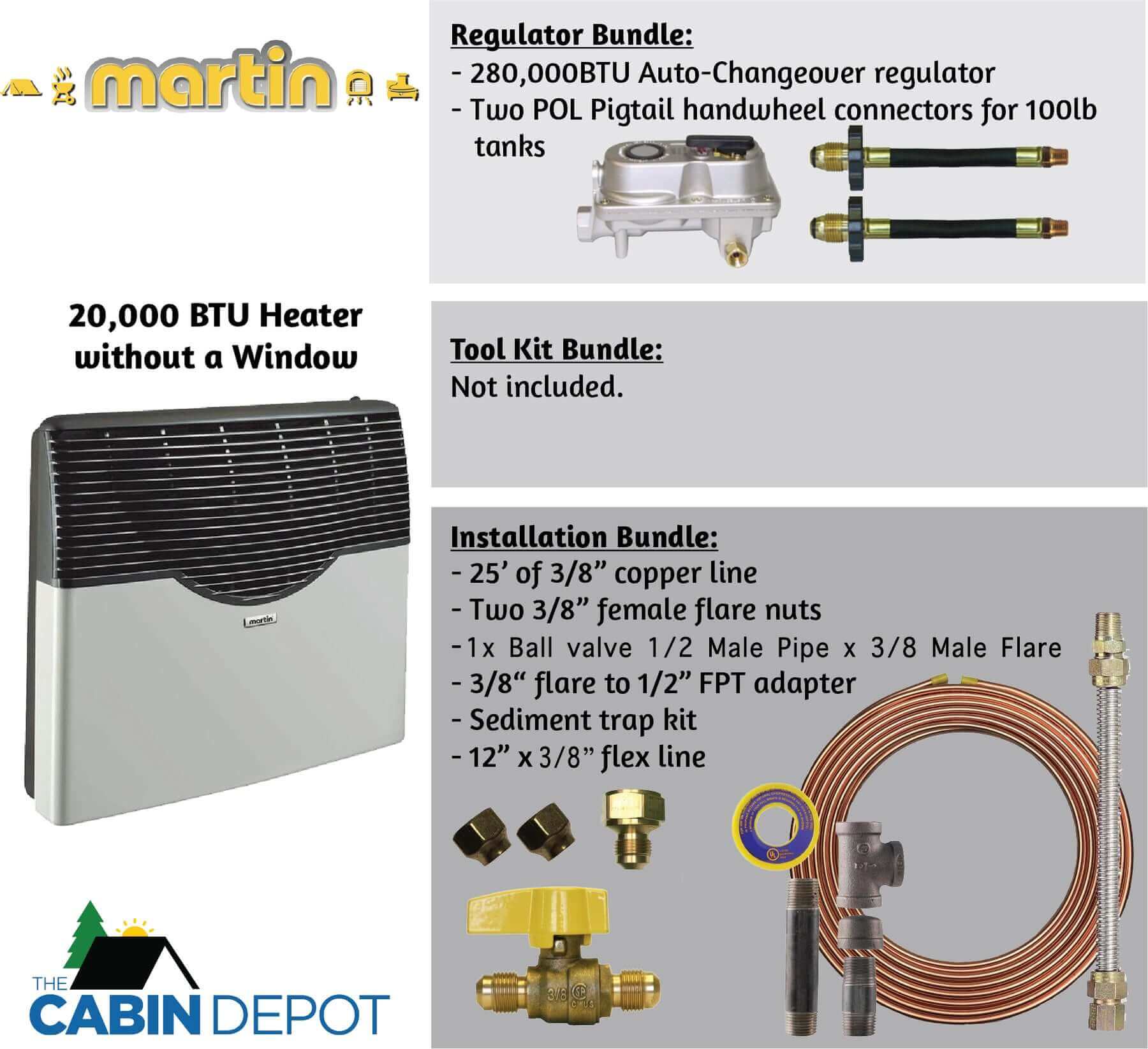 Martin 20,000 BTU Direct Vent Propane Heater MDV20P with accessories and installation bundles from The Cabin Depot