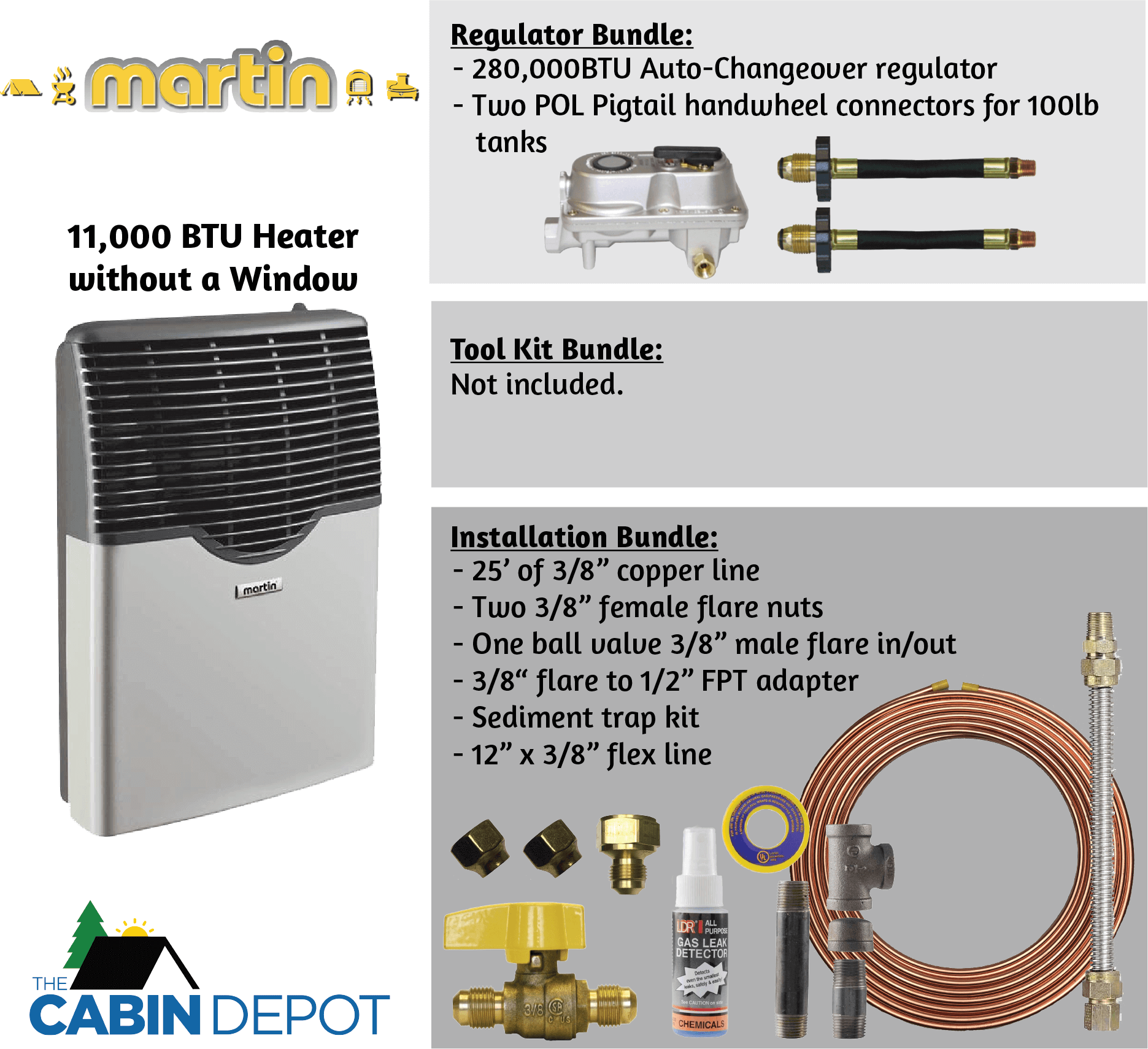 Martin 11,000 BTU Direct Vent Propane Heater package with regulator and installation bundle from The Cabin Depot.