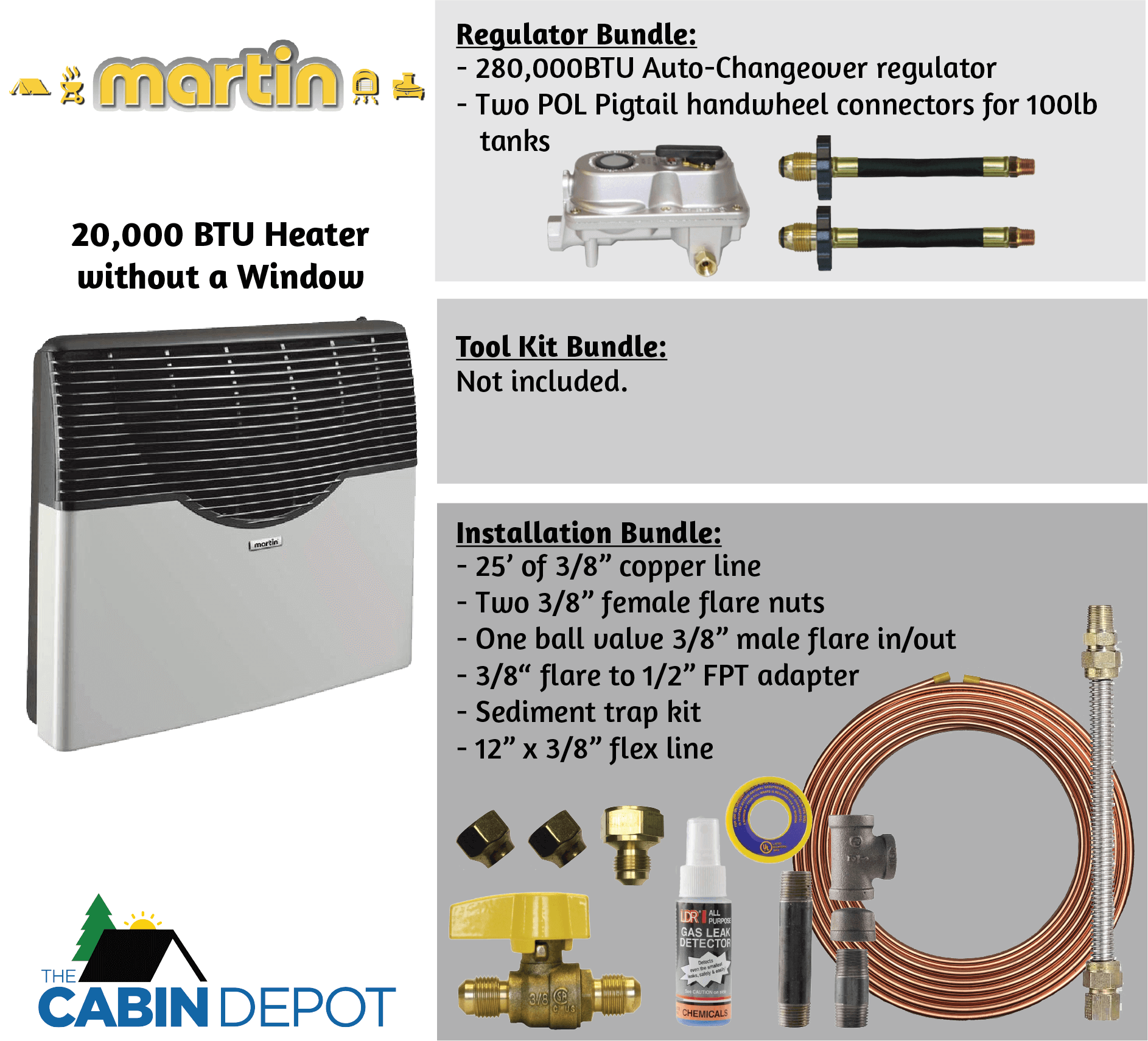 Martin 20,000 BTU Direct Vent Propane Heater without Window, featured with installation and regulator bundles, available at Cabin Depot.