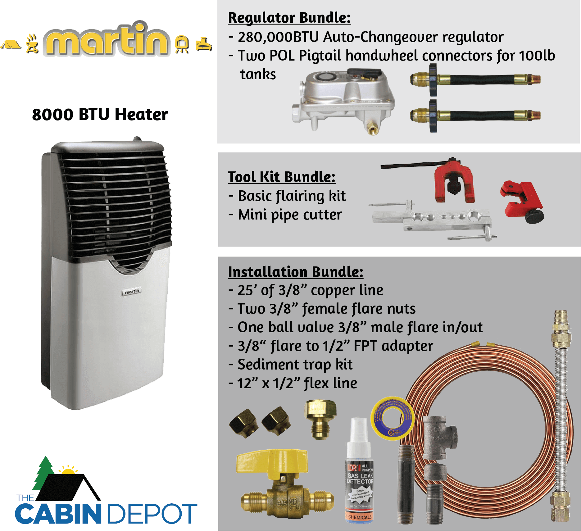 Martin 8000 BTU Propane Heater Package from Cabin Depot featuring installation and tool kits, perfect for off-grid use.