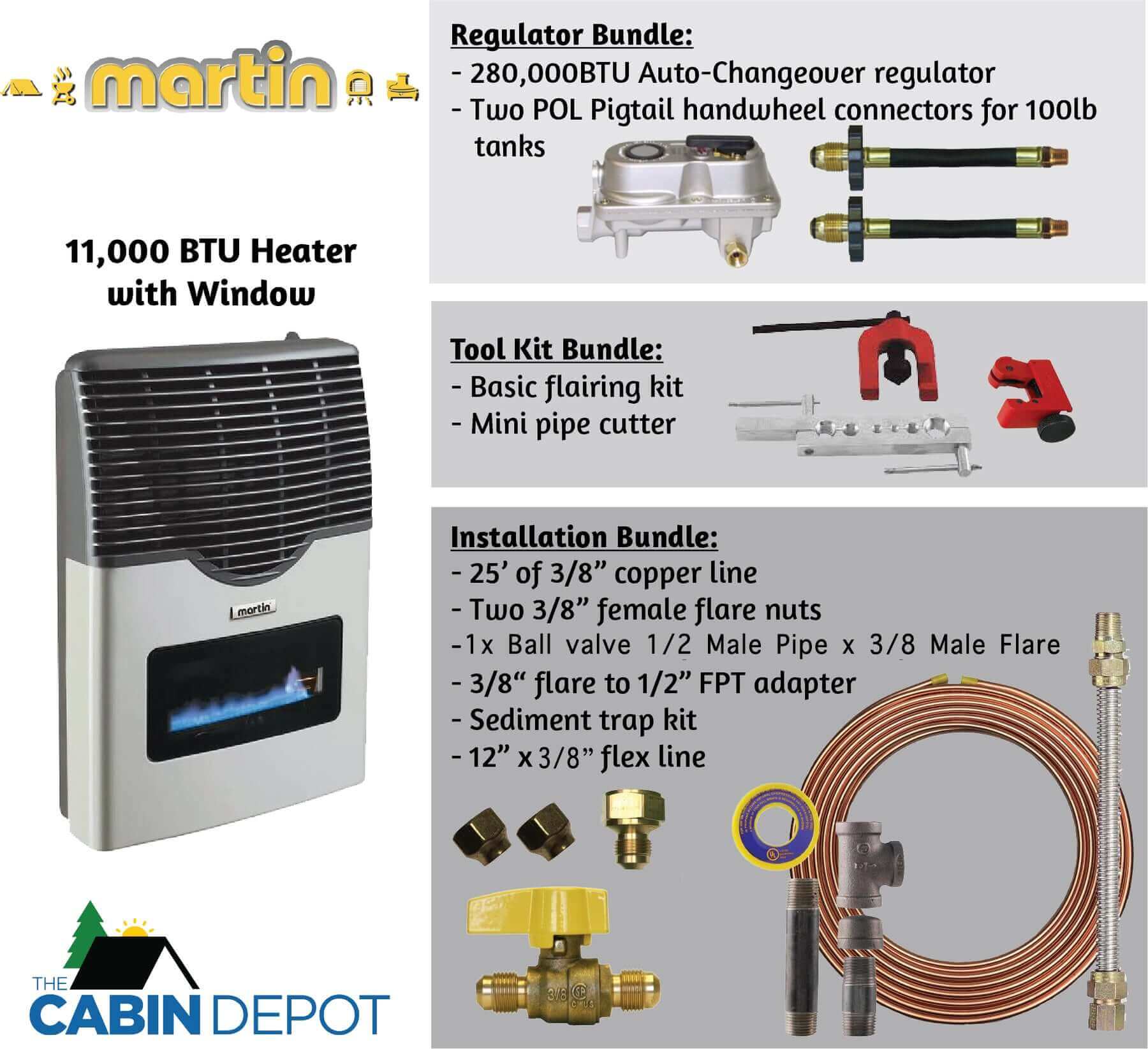 Martin 11,000 BTU Propane Heater and Accessories from The Cabin Depot, including regulator, tool kit, and installation bundles.