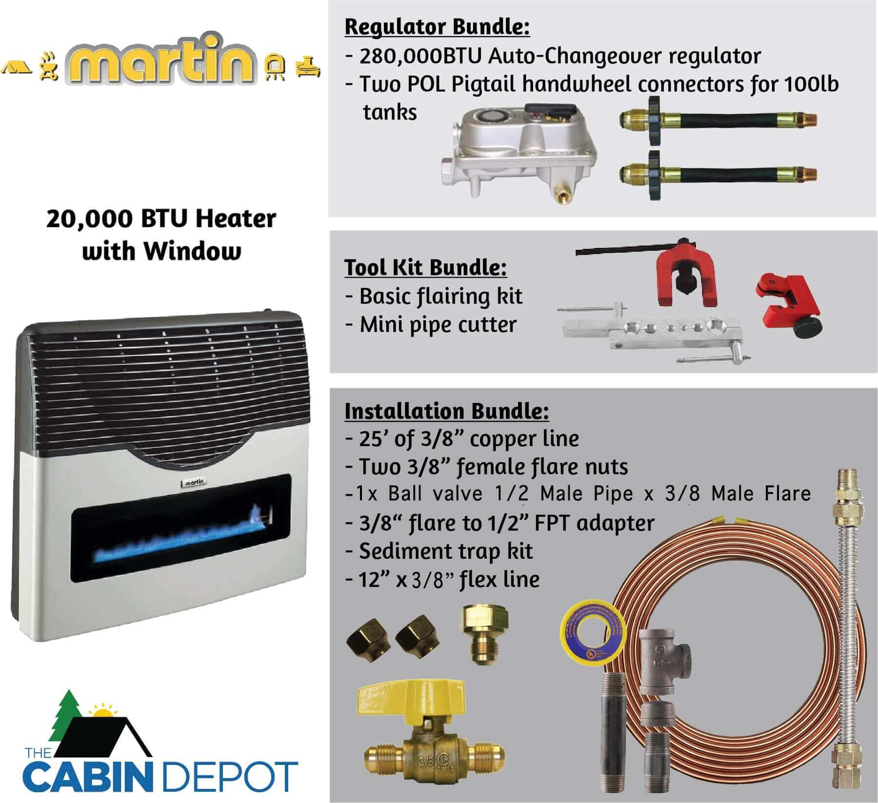 Martin 20,000 BTU Direct Vent Propane Heater with bundles from Cabin Depot for off-grid use and easy installation.