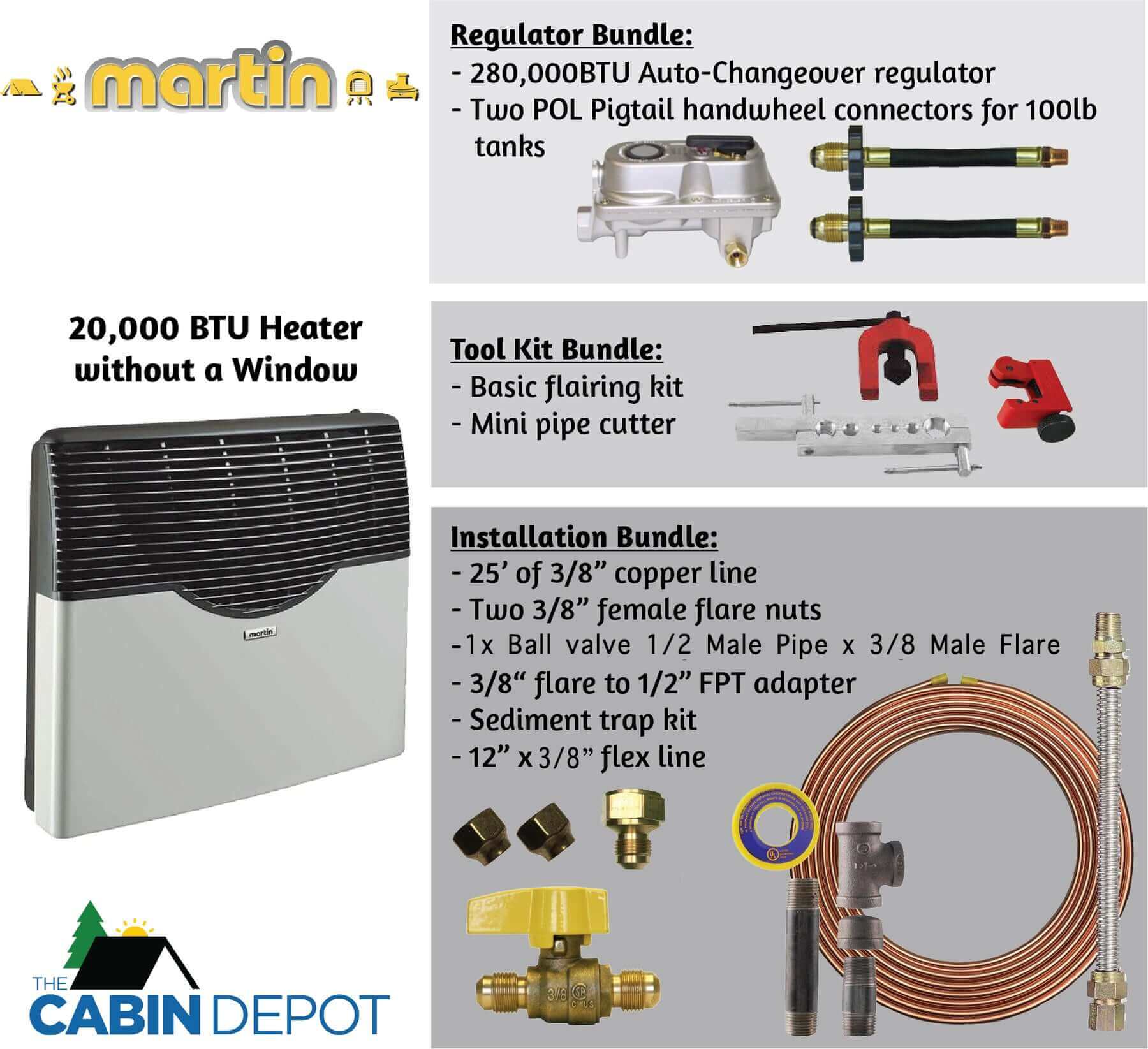 Martin 20,000 BTU Direct Vent Propane Heater with Installation and Regulator Bundles from The Cabin Depot.