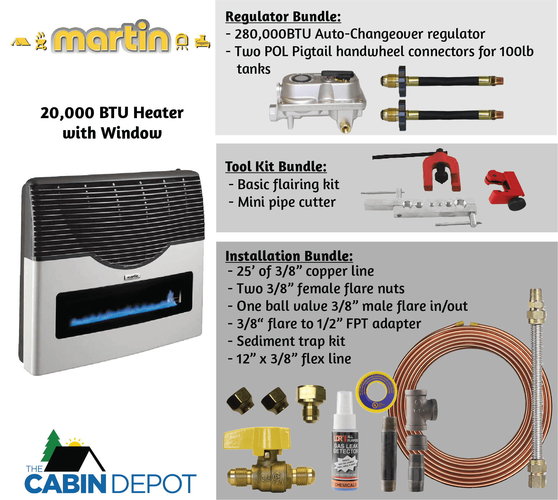Martin 20,000 BTU Direct Vent Propane Heater with Window, Regulator, Tool Kit, and Installation Bundle - The Cabin Depot