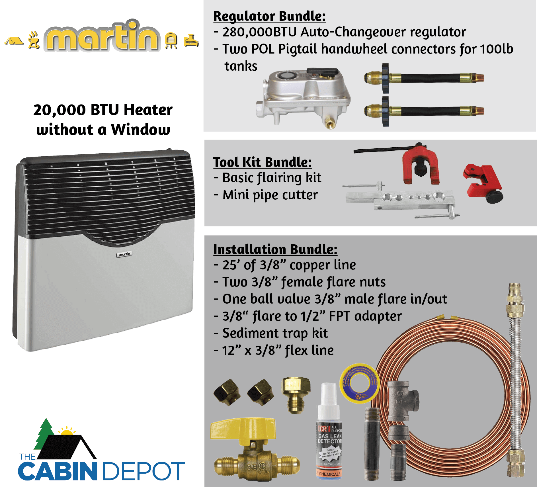 Martin 20,000 BTU Direct Vent Propane Heater, regulator, and installation kit from The Cabin Depot. Ideal for off-grid use.