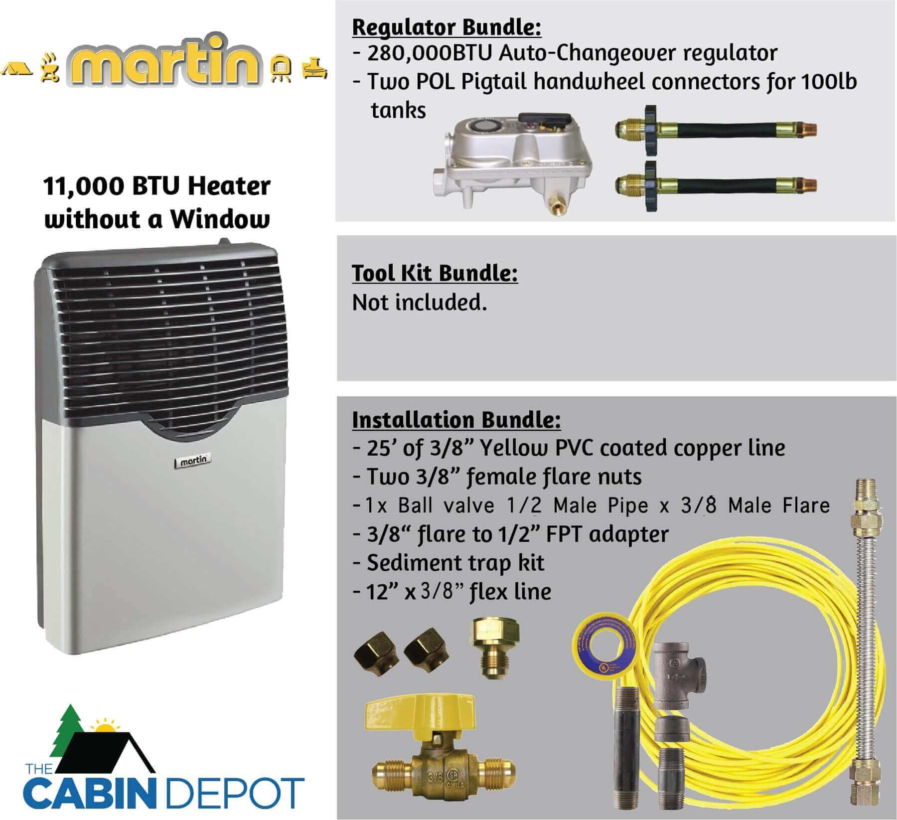 Martin 11,000 BTU direct vent propane heater features and installation kit from Cabin Depot, ideal for off-grid heating solutions.