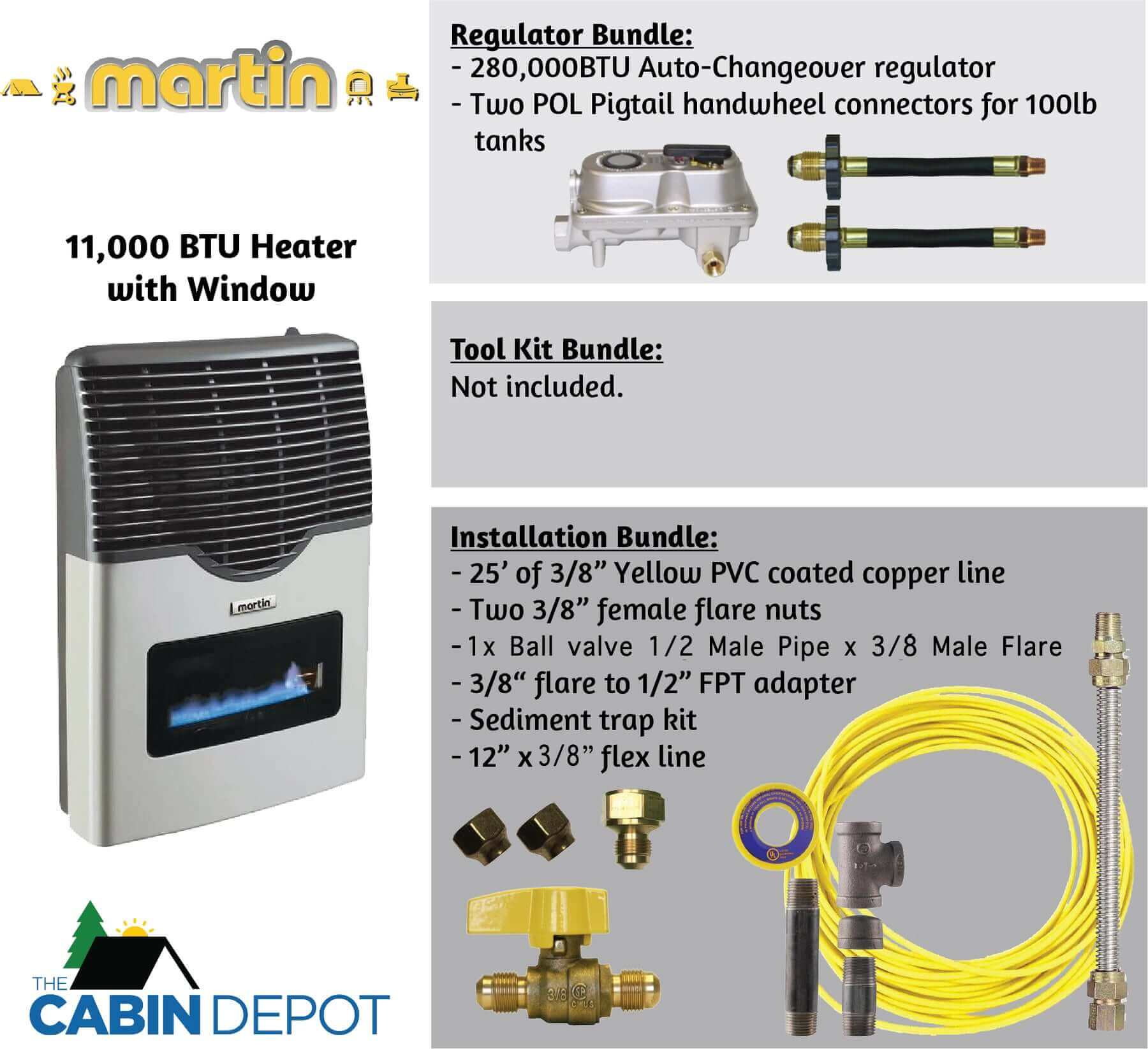 Martin 11,000 BTU Propane Heater with components, available at The Cabin Depot. Perfect for off-grid and cabin installations.