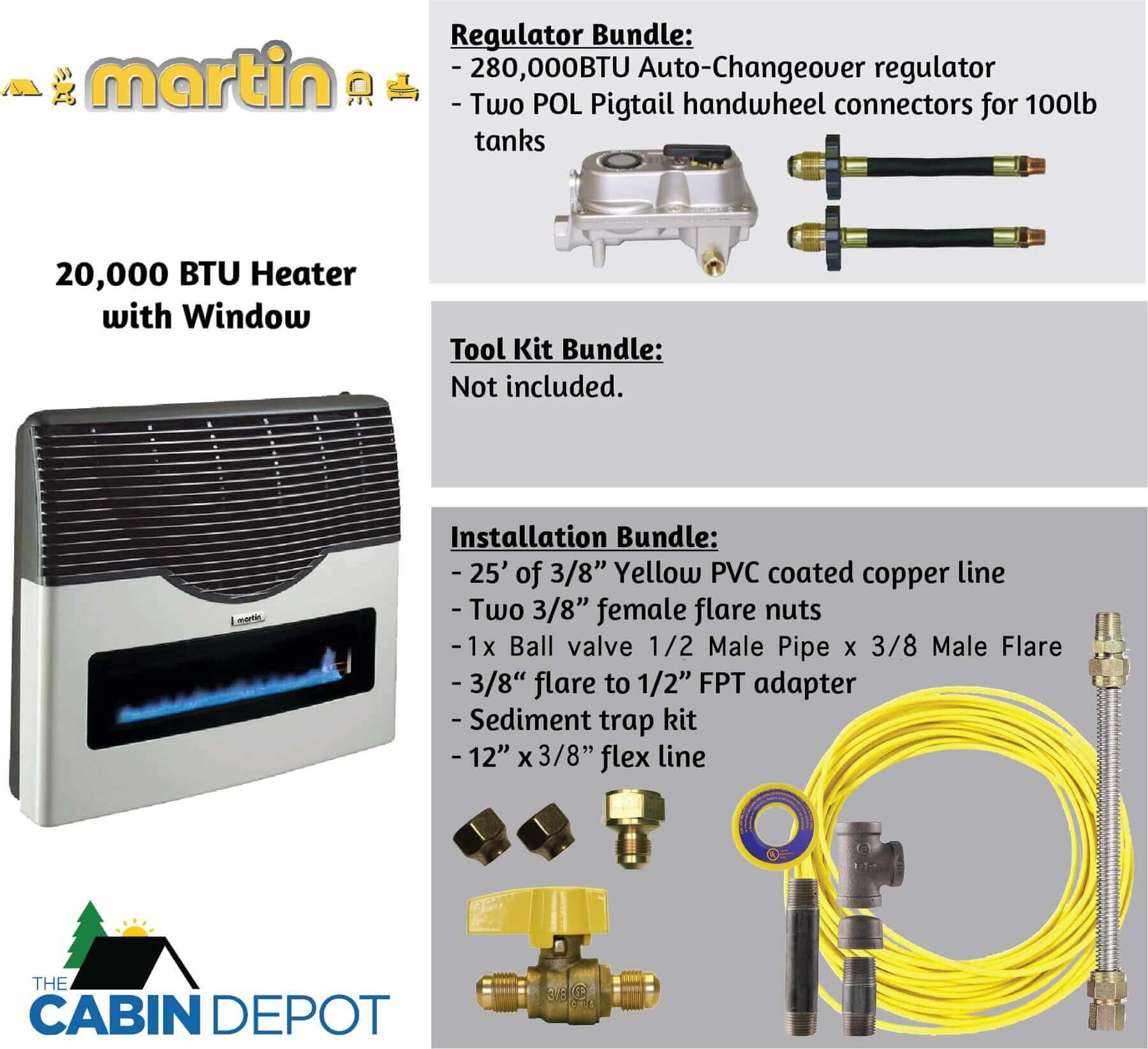 Martin 20,000 BTU Direct Vent Propane Heater with regulator and installation bundle from Cabin Depot.