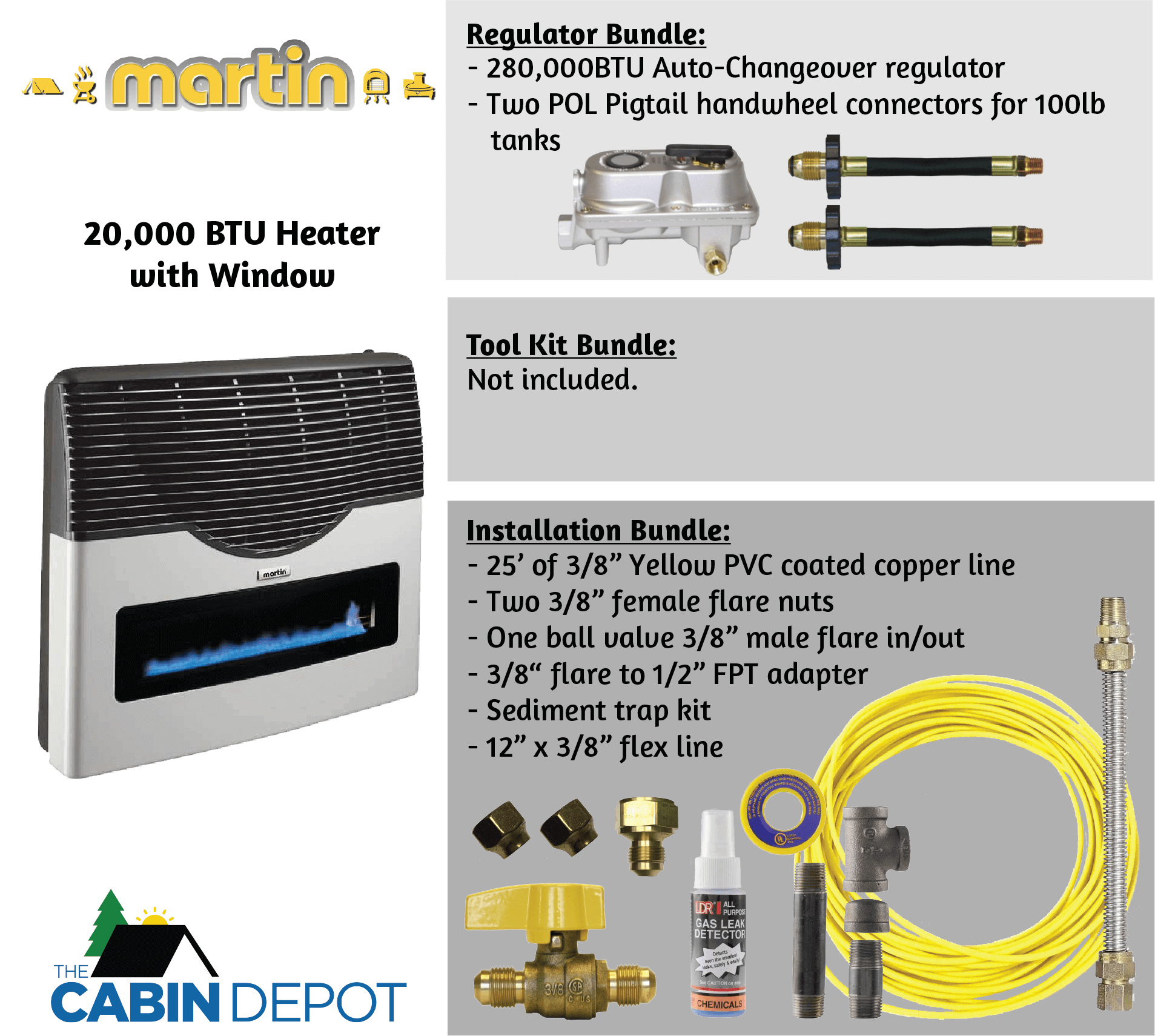Martin 20,000 BTU propane heater with ceramic glass window and installation kit from Cabin Depot.