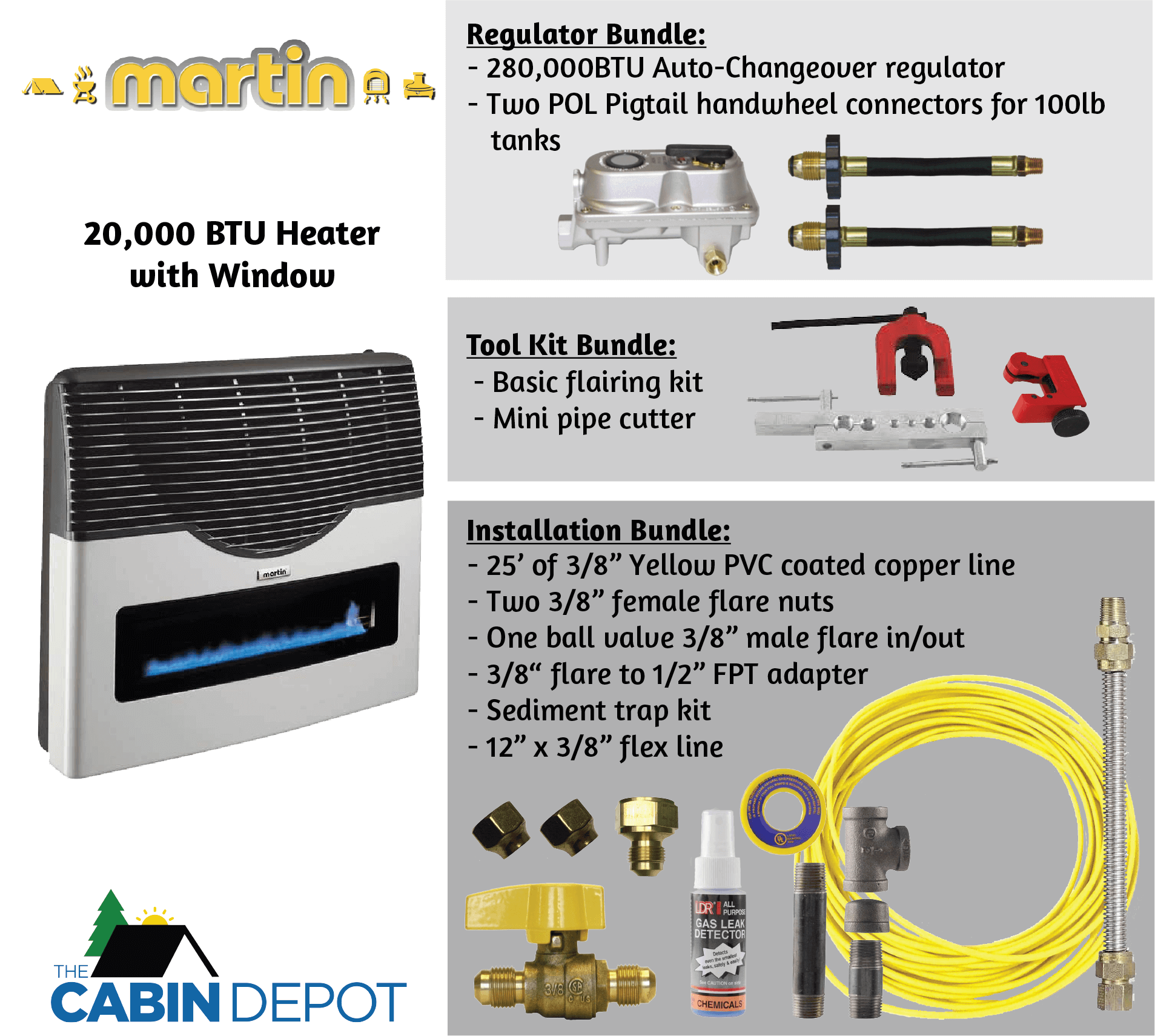 Martin 20,000 BTU Direct Vent Propane Heater with installation kit bundles from The Cabin Depot