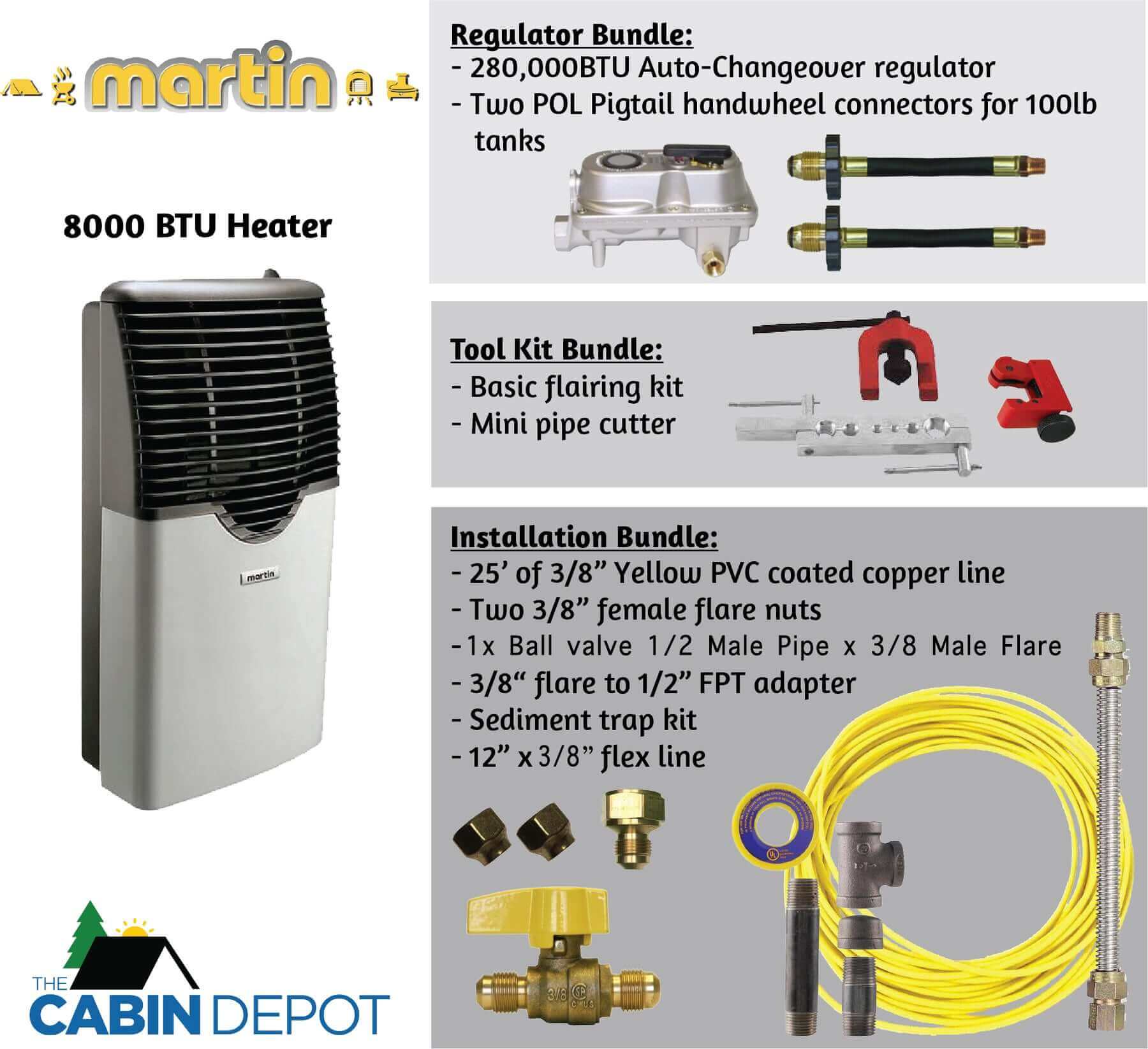 Martin 8,000 BTU Direct Vent Propane Heater MDV8P with installation and tool kit bundles from The Cabin Depot.