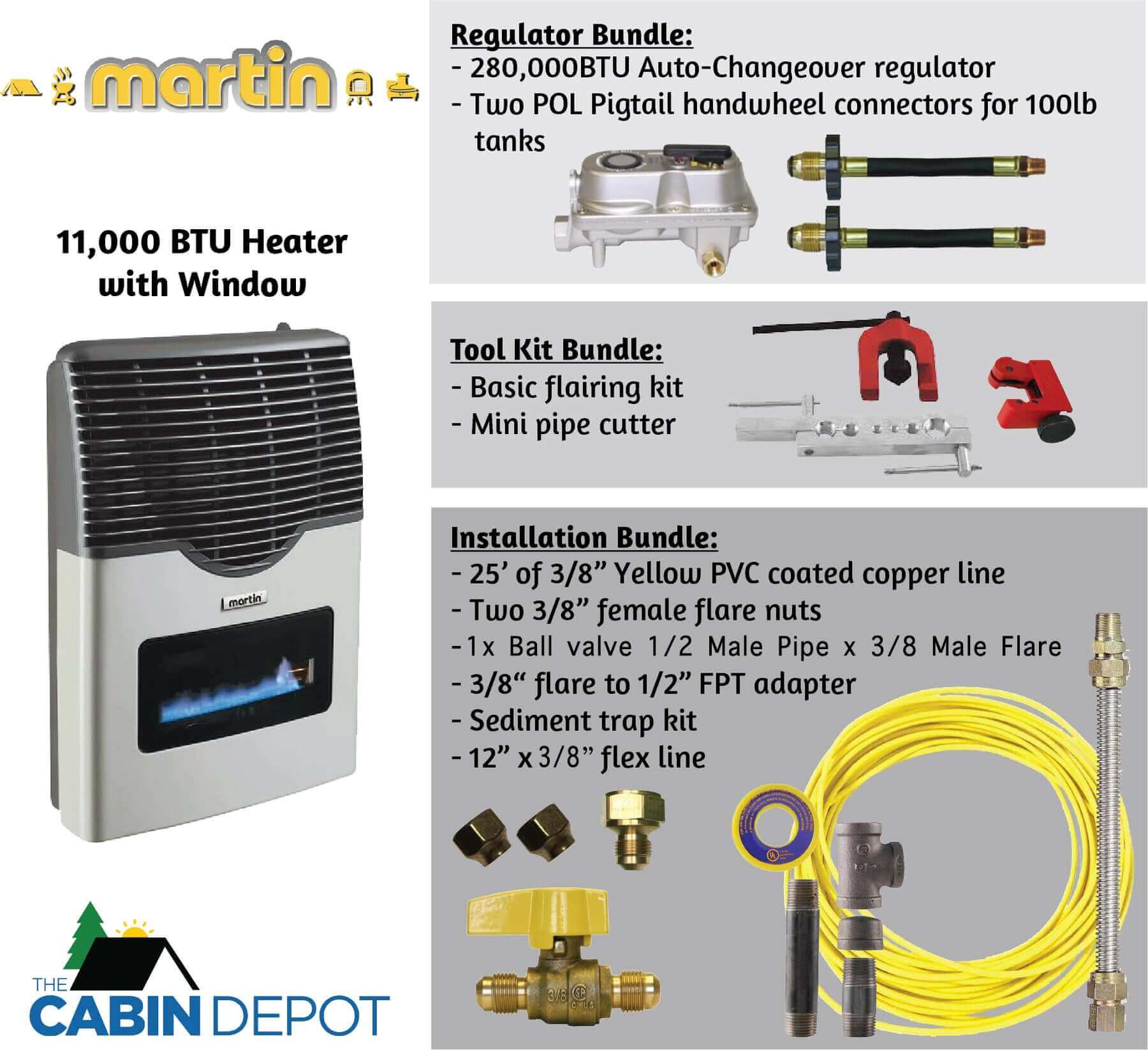 Martin 11,000 BTU Propane Heater with window and installation kit from The Cabin Depot, perfect for off-grid use. Free Canada shipping.