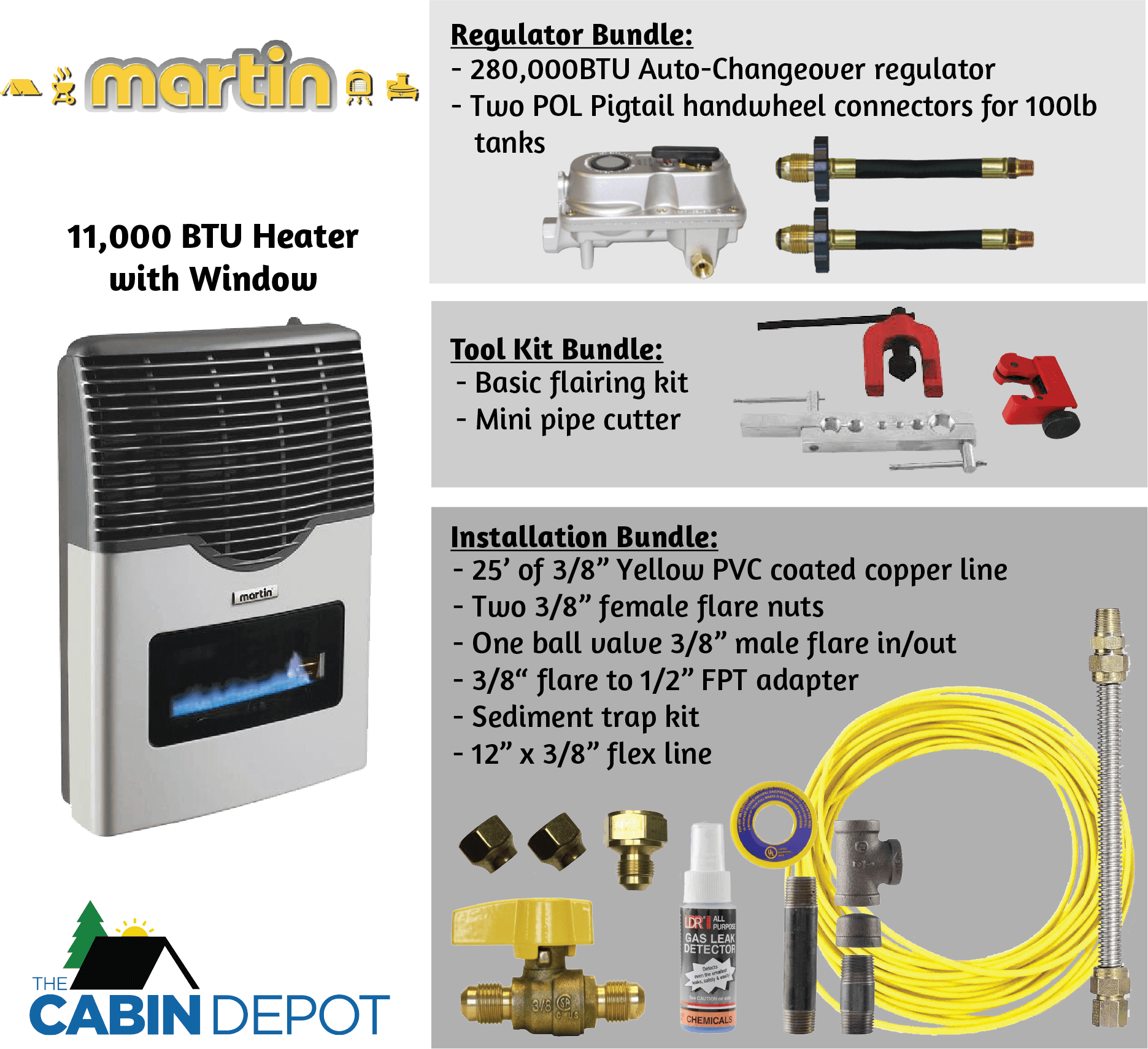 Martin 11,000 BTU Direct Vent Propane Heater with Regulator, Tool, and Installation Bundles from The Cabin Depot.