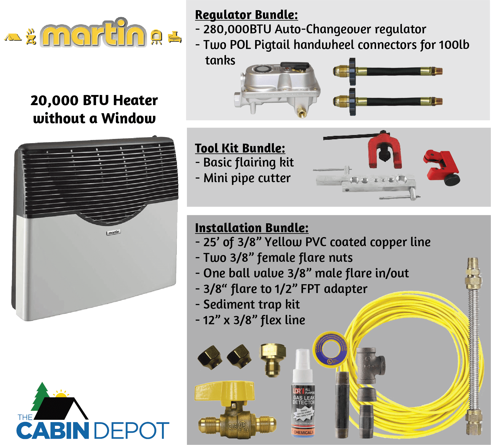 Martin 20,000 BTU Direct Vent Propane Heater with accessories from The Cabin Depot