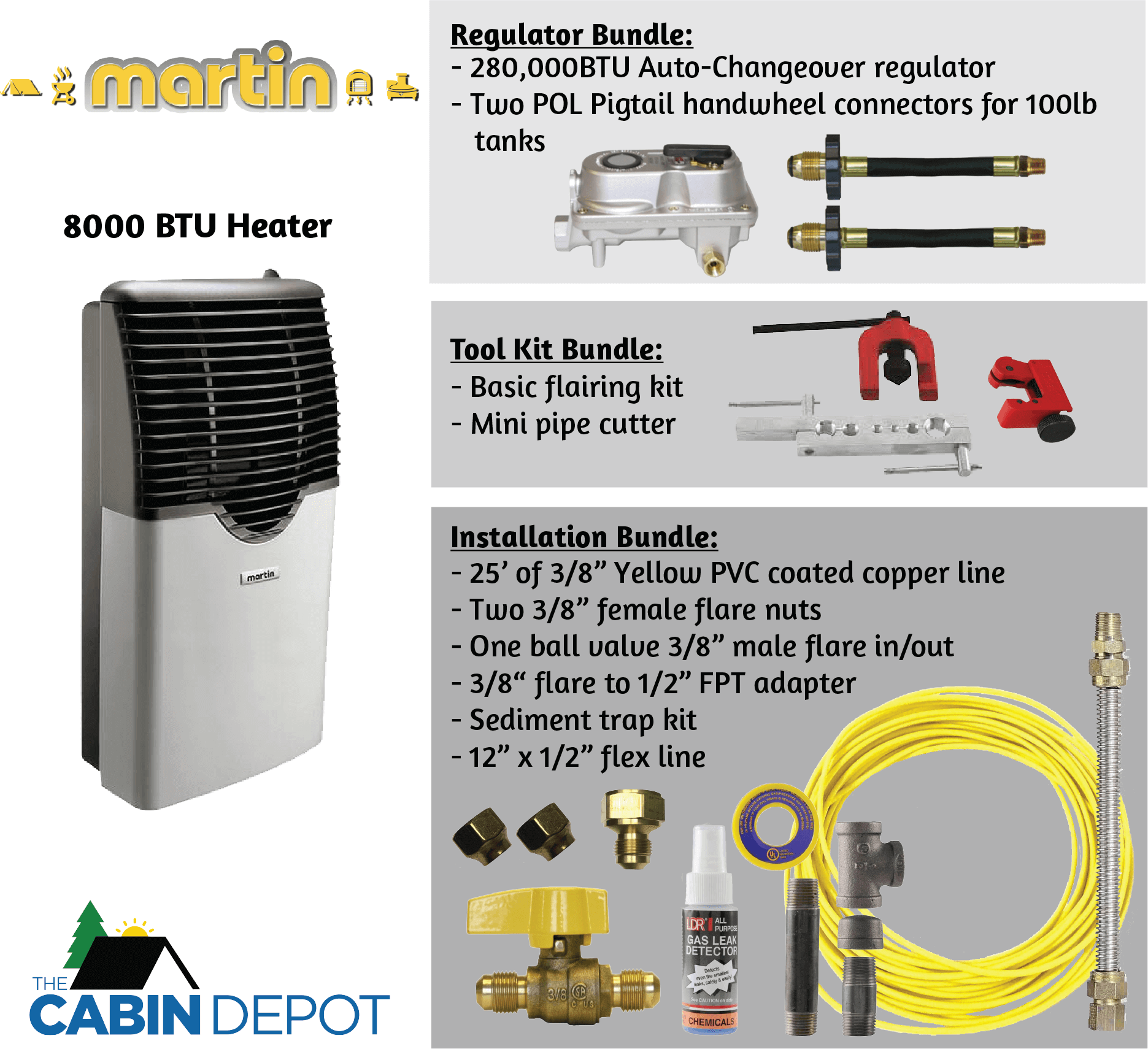 Martin 8000 BTU Direct Vent Propane Heater with regulator, tool, and installation bundles - Cabin Depot Canada