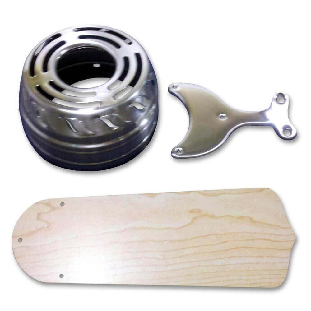 Ceiling fan parts including a motor housing, bracket, and blade from Trusty 12V 36" Remote Control DC Ceiling Fan by Cabin Depot.