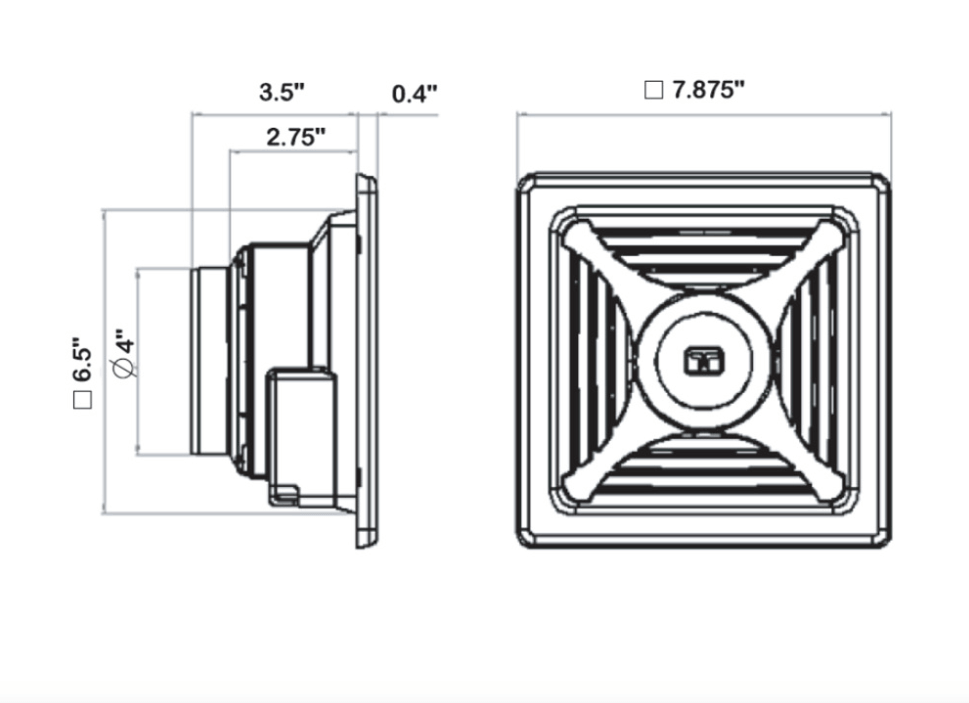Diagram of the Kedron 12V DC Exhaust Fan with dimensions, available at Cabin Depot, suitable for cabins, RVs, and off-grid applications.