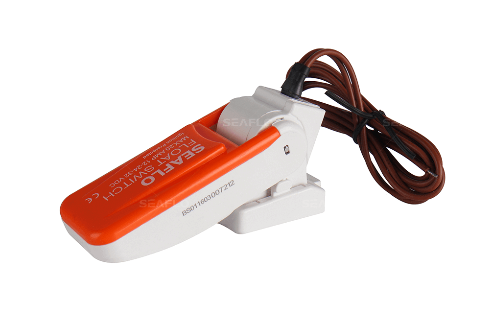 SEAFLO 20A Float Switch for bilge pumps, compatible with 12v, 24v, 32v systems, available at Cabin Depot, suitable for fresh and saltwater.