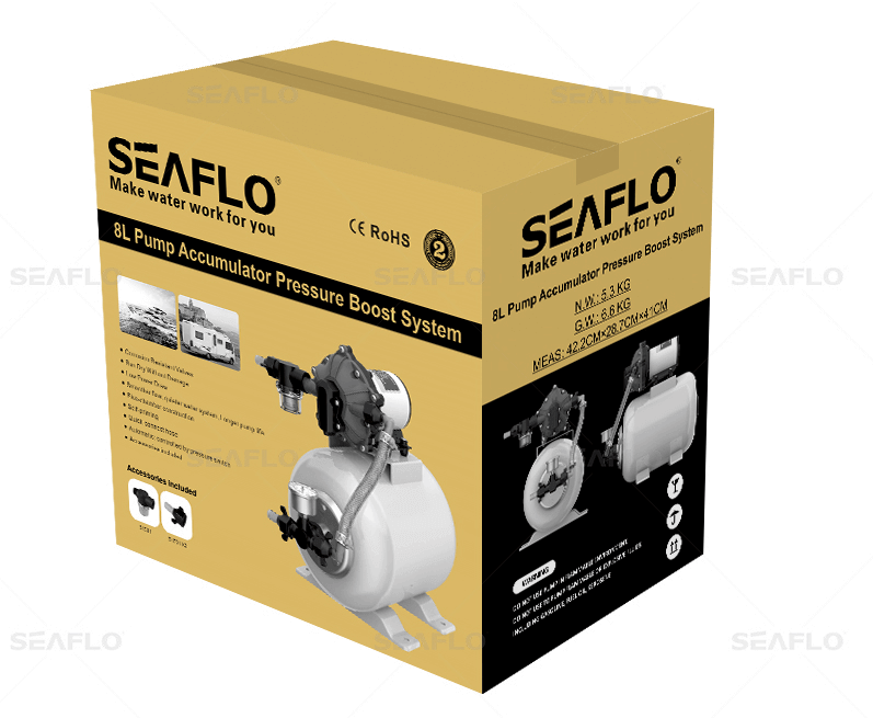 SEAFLO 24V 8L Accumulator Pressure Boost System packaging with diagram of pump and tank components.