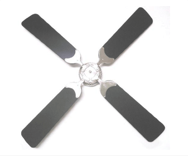 Trusty 12V DC ceiling fan with white and silver blades, 36-inch, available at Cabin Depot. Modern design, reversible motor for year-round use.