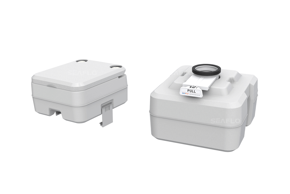 SEAFLO Portable Toilet 20L for camping, RVs, and cabins, available at Cabin Depot. Lightweight, durable design for easy transport.