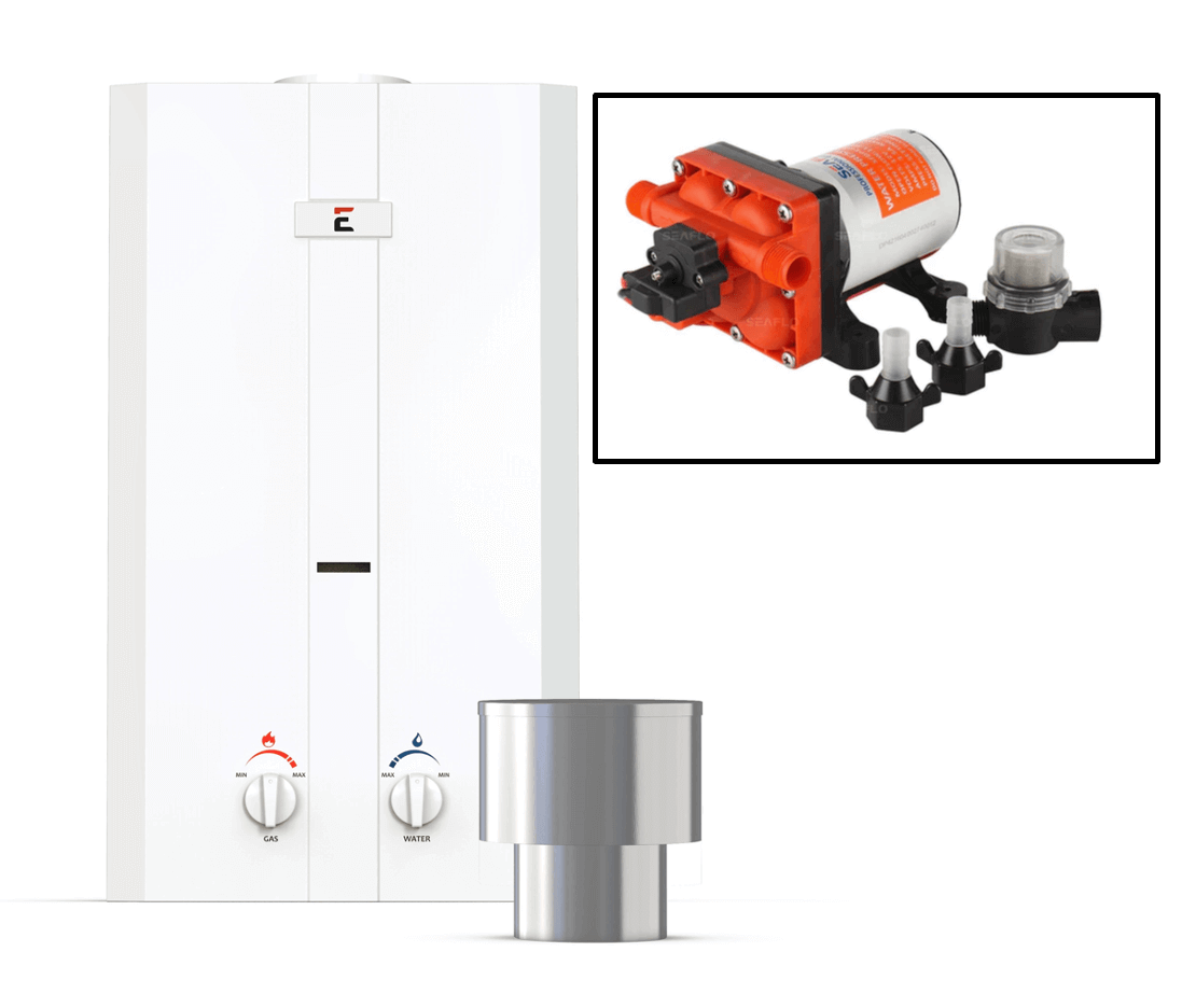 Eccotemp L10 Outdoor Tankless Water Heater with Seaflo Pump & Strainer, available at Cabin Depot for efficient hot water solutions.