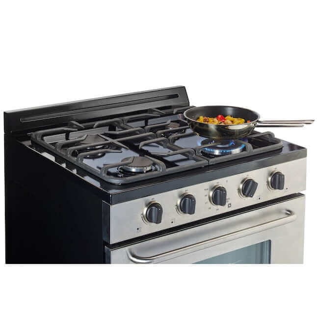 Unique 30" stainless steel propane range with cast-iron grates from Cabin Depot. Off-grid battery ignition for effortless cooking.
