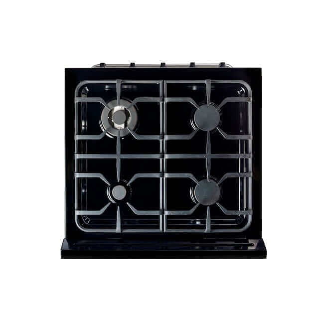 30-inch stainless steel propane range top with cast-iron grates, ideal for off-grid living. Available at Cabin Depot.