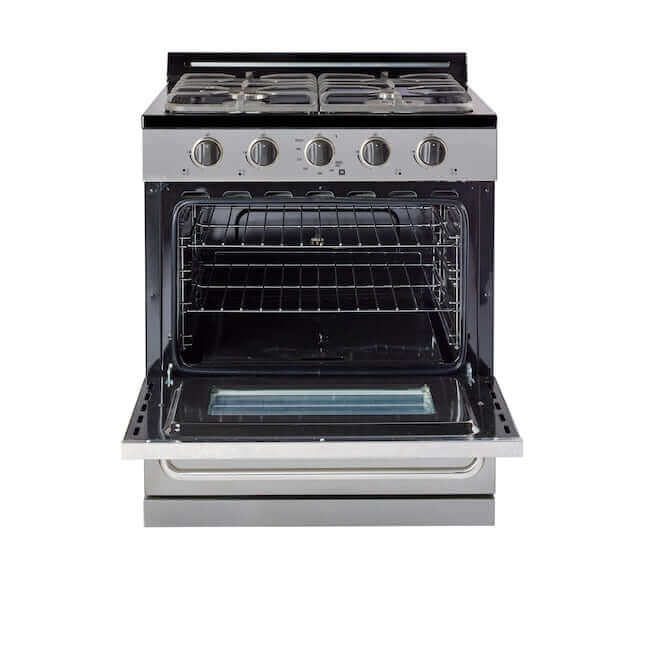 Unique 30" Propane Range with Battery Ignition, Stainless Steel - Modern Off-Grid Stove for Cabin Depot Kitchens