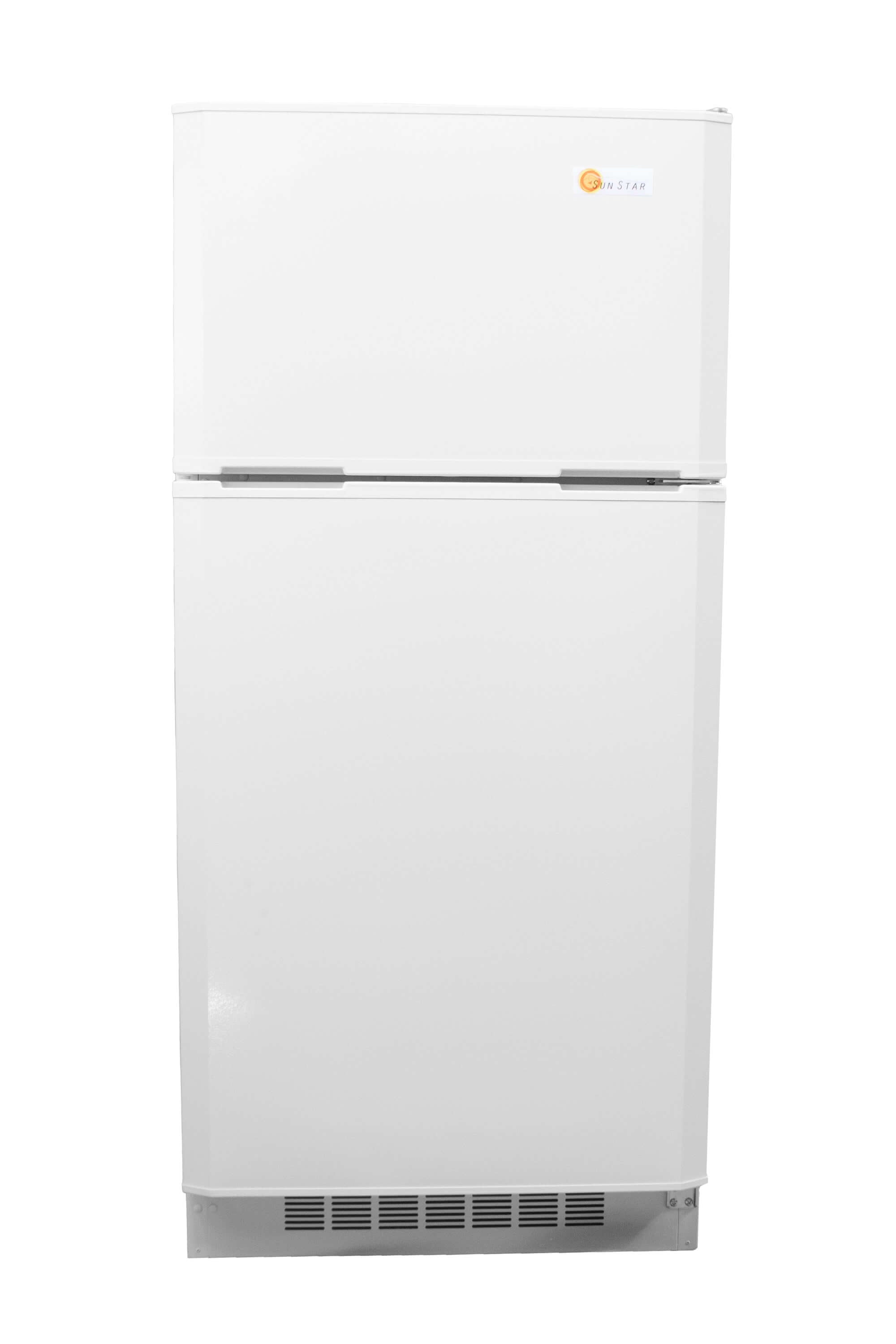 SunStar 16CU Solar/DC Refrigerator in White from Cabin Depot, perfect for off-grid use with dual compressor and thermostat system.