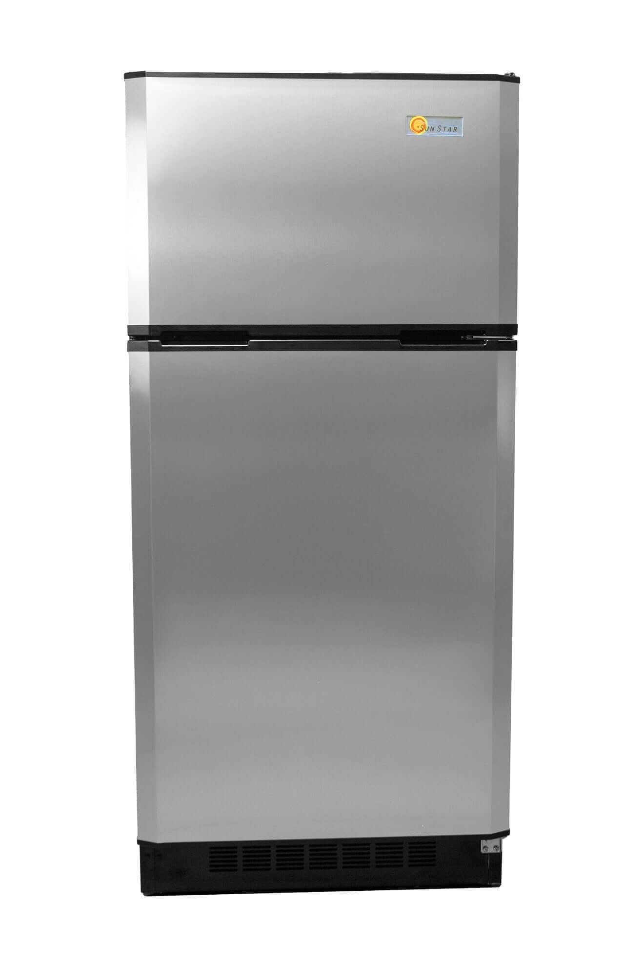SunStar 16CU Solar/DC Refrigerator, stainless steel, off-grid design, dual compressor, Cabin Depot USA model.