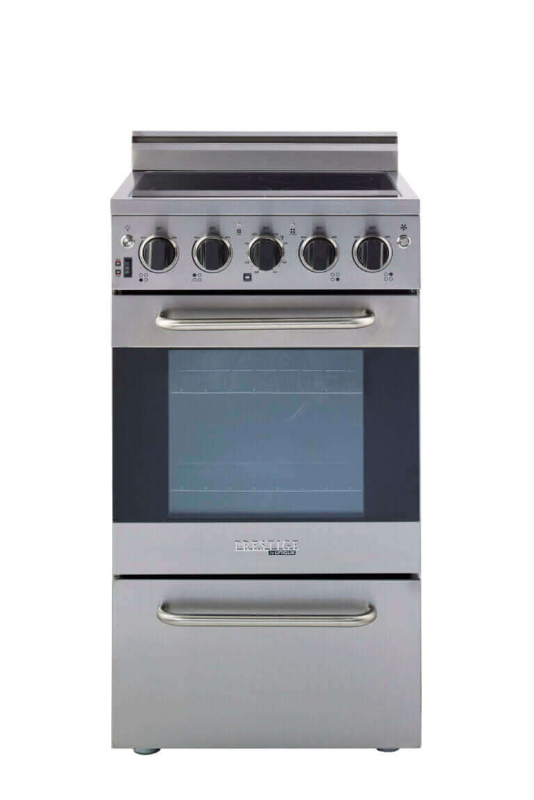 Unique 20-inch Prestige Convection Electric Range by Cabin Depot with smooth glass cooktop in stainless steel.