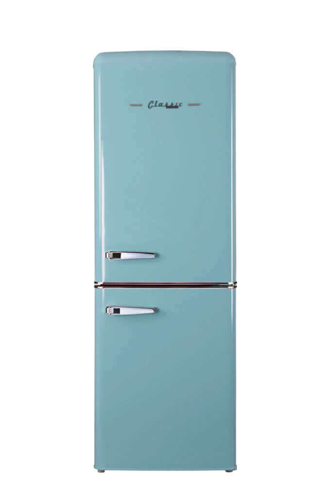 Unique 9 Cu/Ft Bottom Mount Retro Refrigerator in blue available at Cabin Depot for efficient conventional or off-grid use.