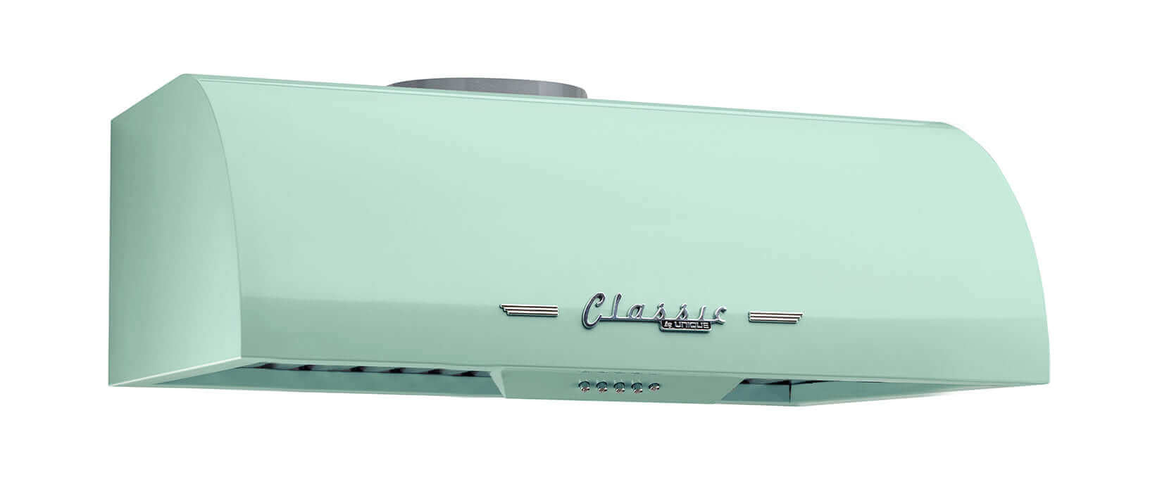 Unique 24" Classic Retro Range Hood with 50s design, mint green color, ideal for Cabin Depot kitchens. Features powerful motor and LED lights.