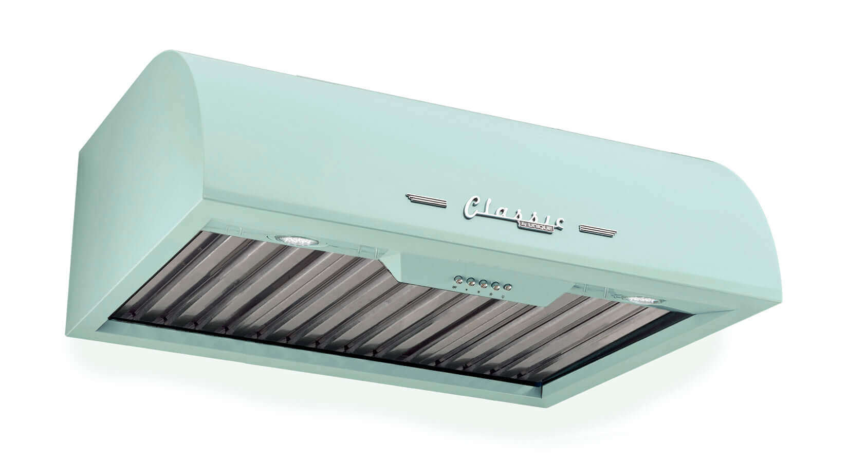 Unique 24-inch Classic Retro Range Hood in mint green with LED lights, perfect for retro kitchen at home or cabin. Available at Cabin Depot.