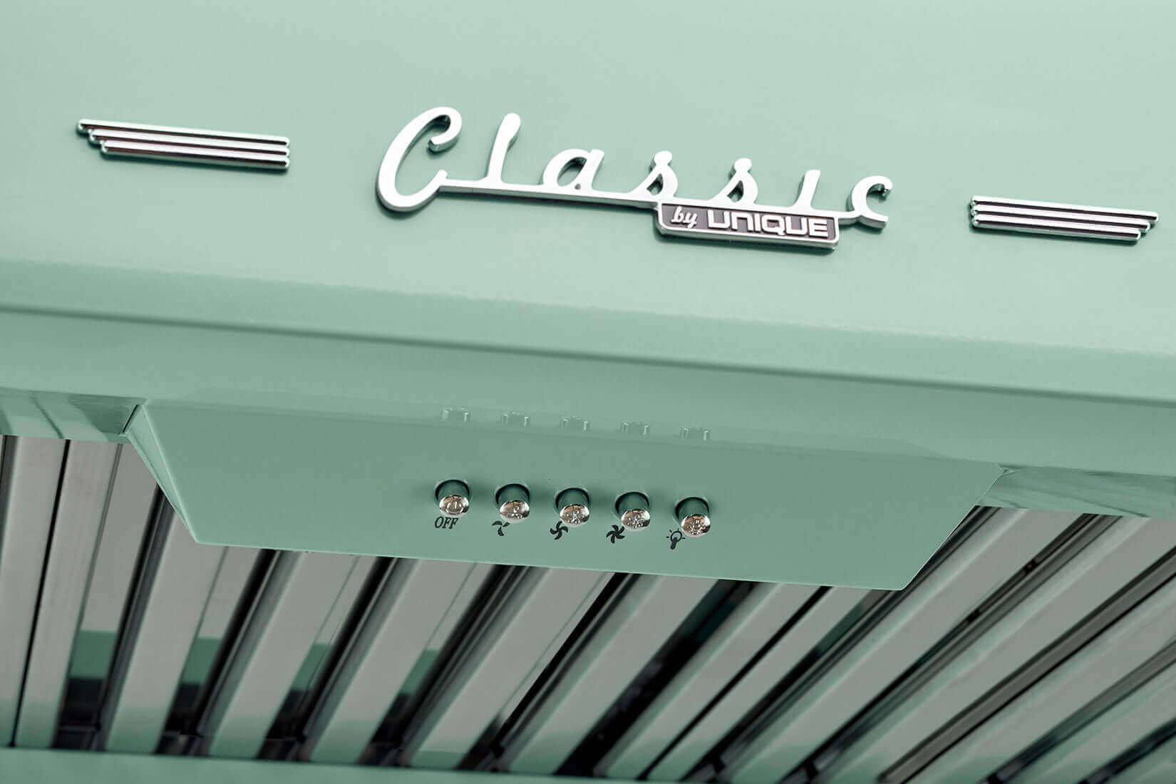 Unique 24" Classic Retro Range Hood with teal finish, perfect for a vintage look in kitchen decor. Available at Cabin Depot.