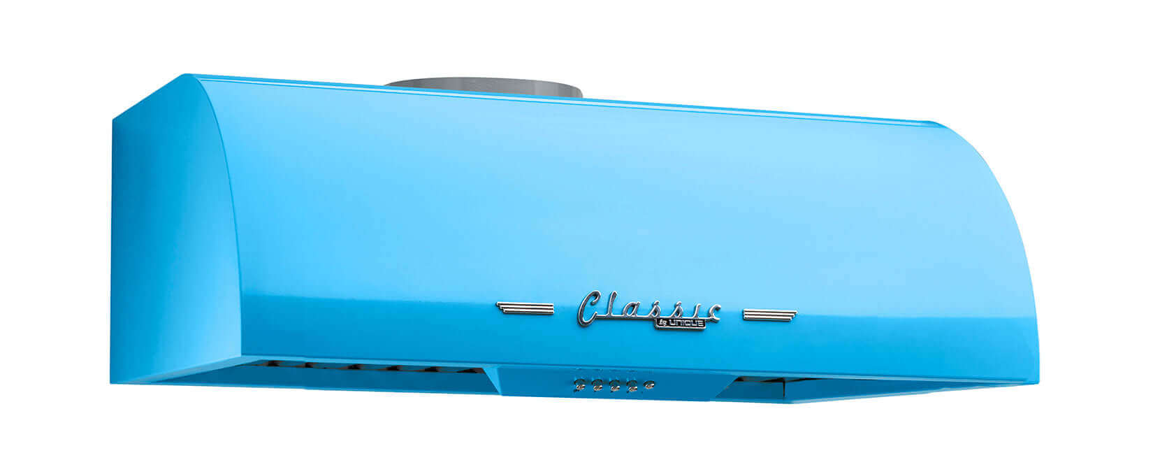 Retro blue 24-inch range hood from Classic Retro by Unique, available at Cabin Depot, featuring 50s design and powerful motor.
